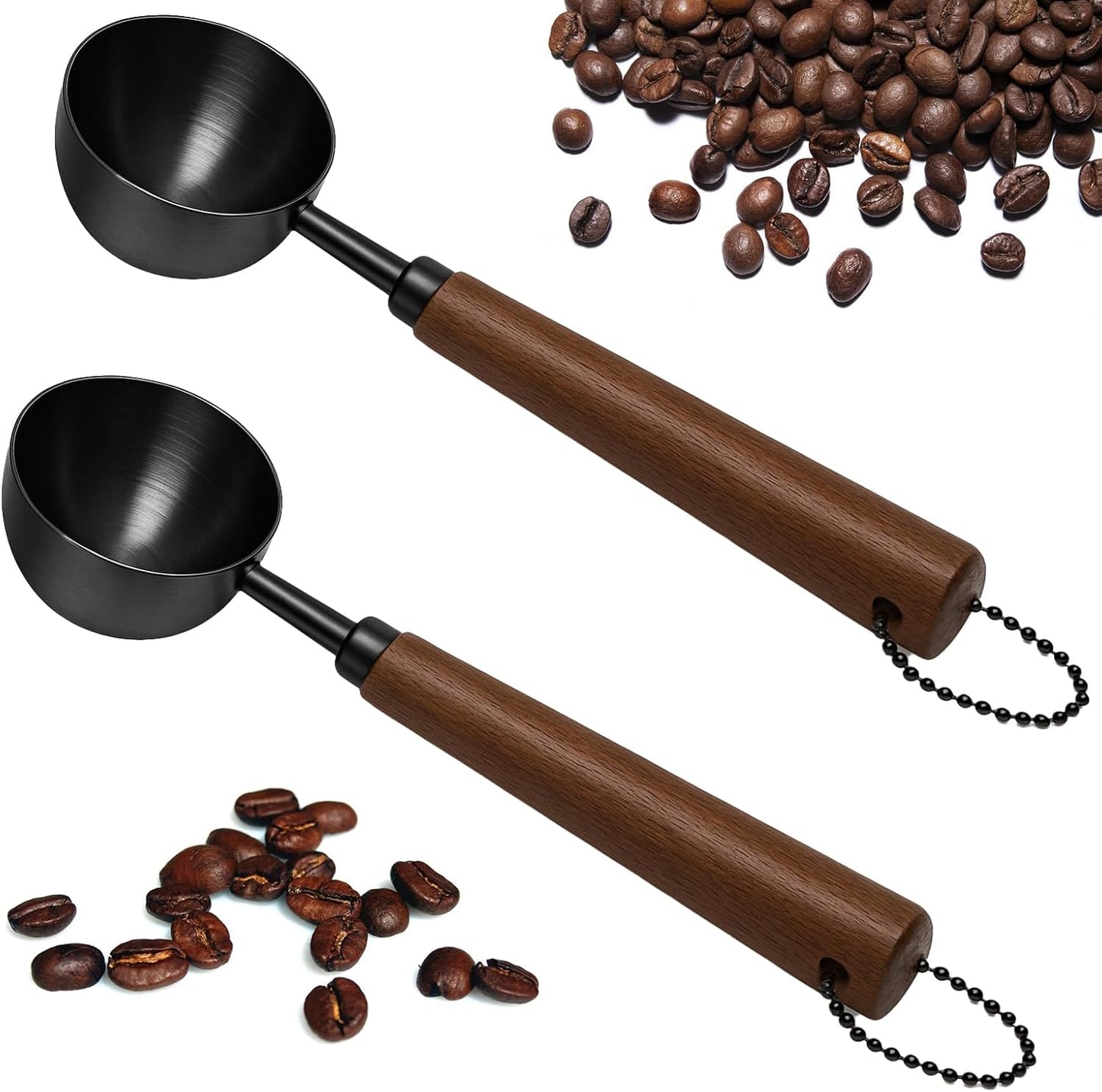 2pcs Vintage Coffee Measuring Spoon， 30ml/10g Capacity Coffee Scoop for Ground Coffee、Coffee Beans and Tea，304 Stainless Steel Coffee Spoons with Long Wooden Handle（Black)