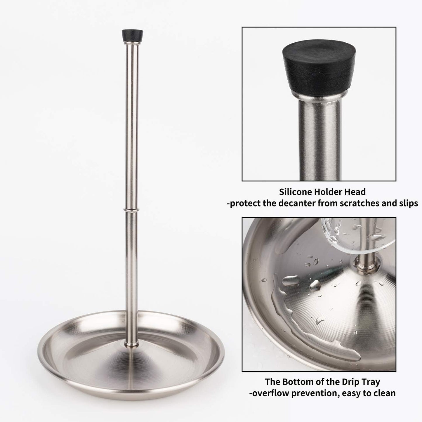 Wine Decanter Drying Stand with Silicone Head to Prevent Scratches-Detachable Shelf Decanter Rack Holder with Drip Catching Base with Wine Bottle Stopper, Decanter and Wine Glass NOT Included