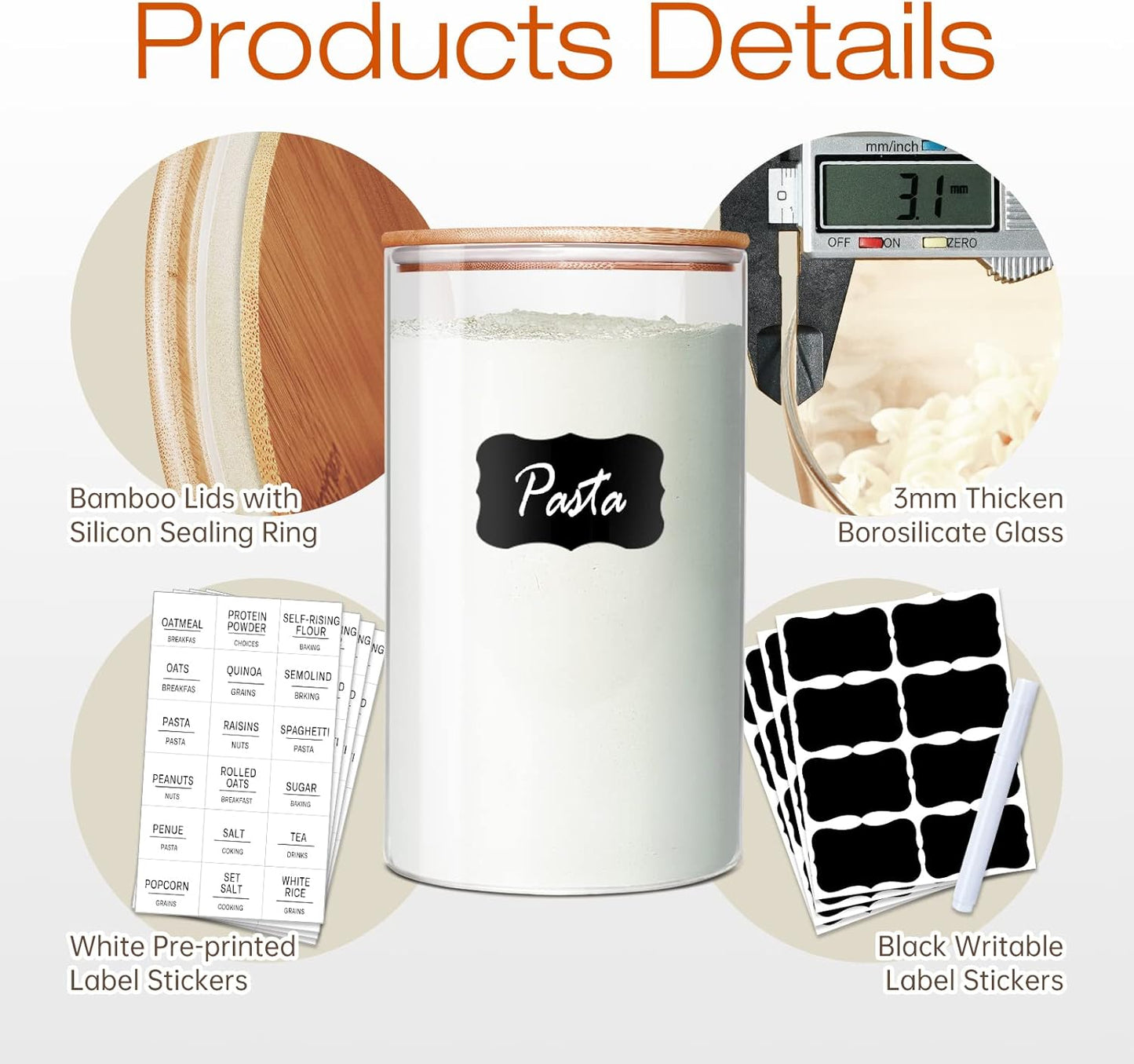 Glass Jars with Bamboo Lids [Muti Size Set of 5], Glass Canisters with Airtight Lids, Glass Food Storage Containers for Pasta, Oats, Coffee, Flour, Sugar, Rice, Best for Kitchen & Pantry