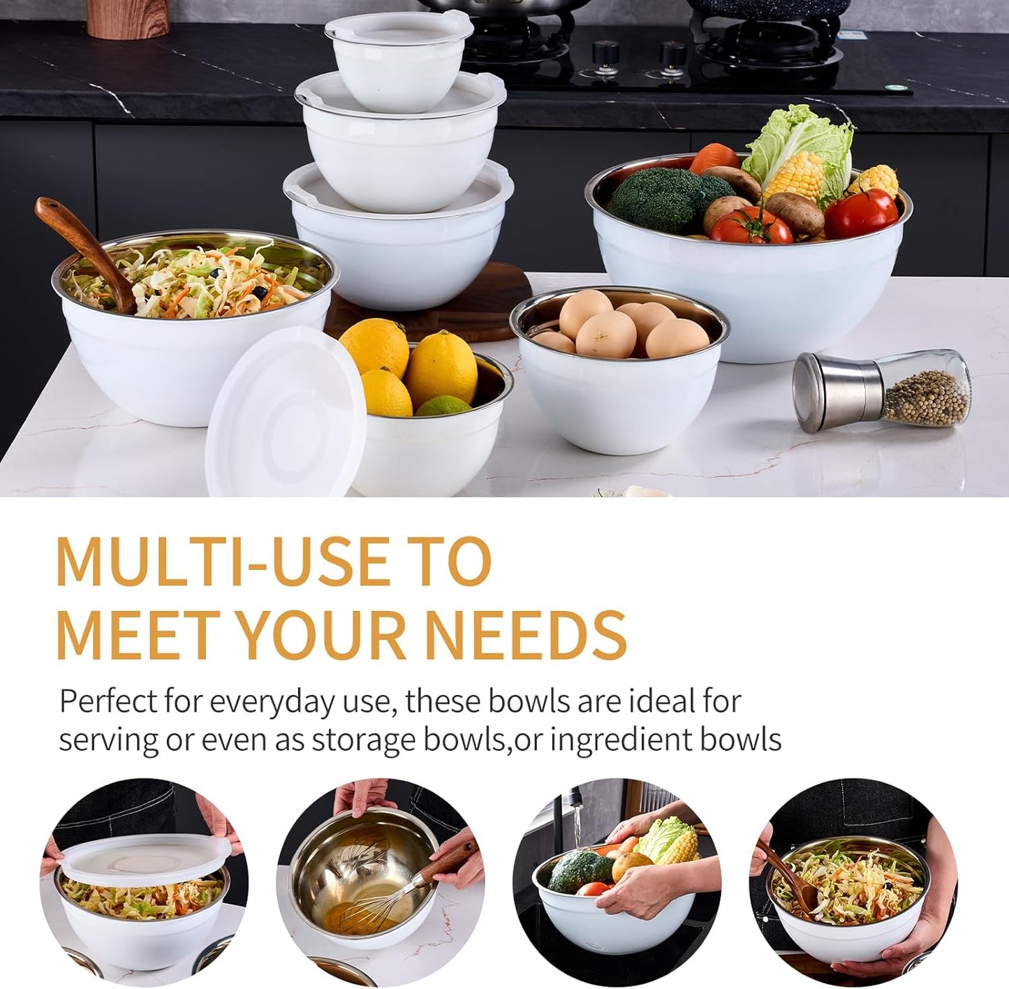 White Mixing Bowls With Airtight Lids,Stainless Steel Bowl,Salad Bowls 7 Piece Colorful Nesting Bowl White Kitchen Accessories,Size 7,3.6,2.7,2.1,1.5,1.1,0.8QT Stackable Design