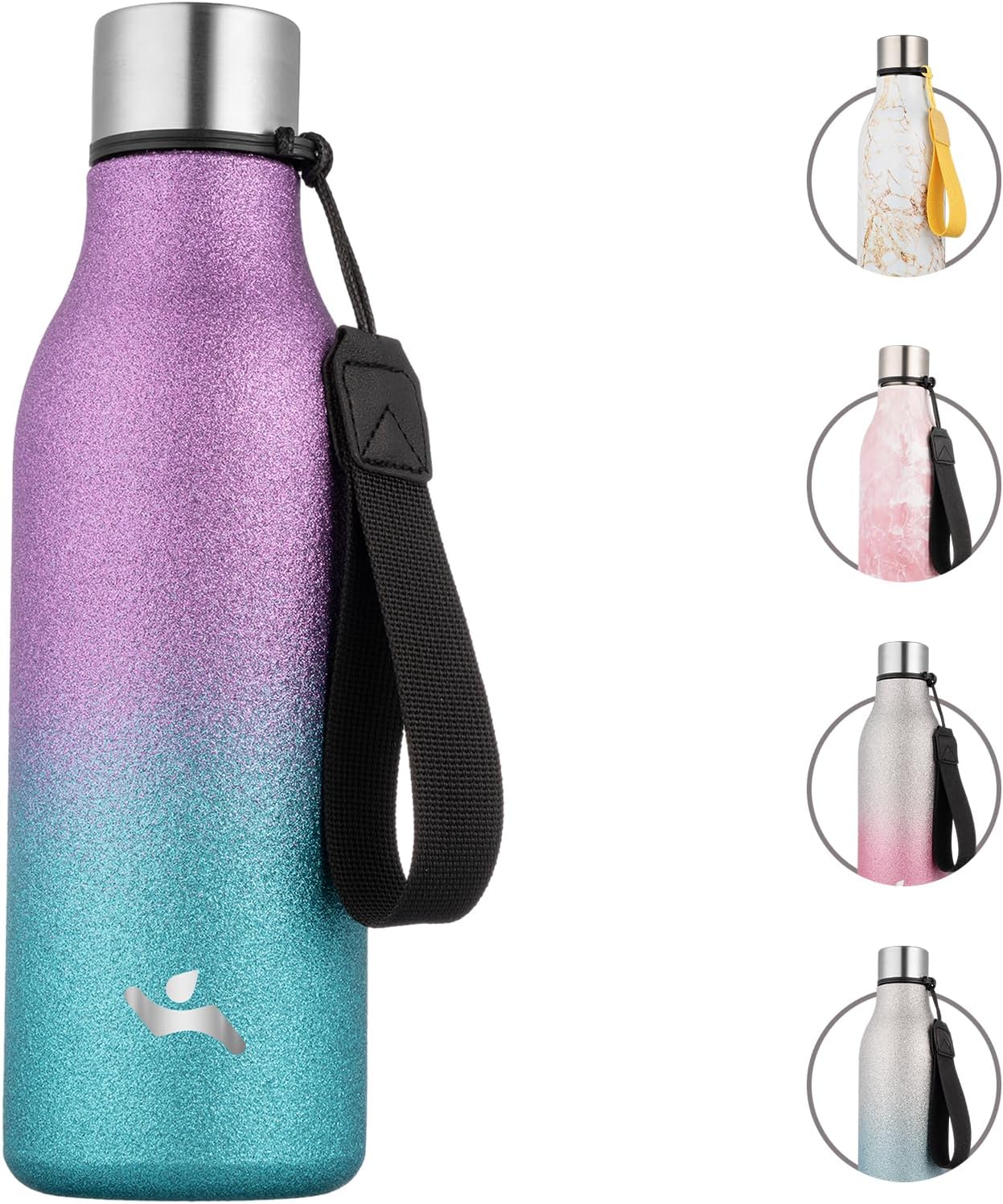 Insulated Water Bottle with Strap,18 oz Double Wall Stainless Steel Vacuum Bottles Metal Water Flask,Sparkling Purple Green