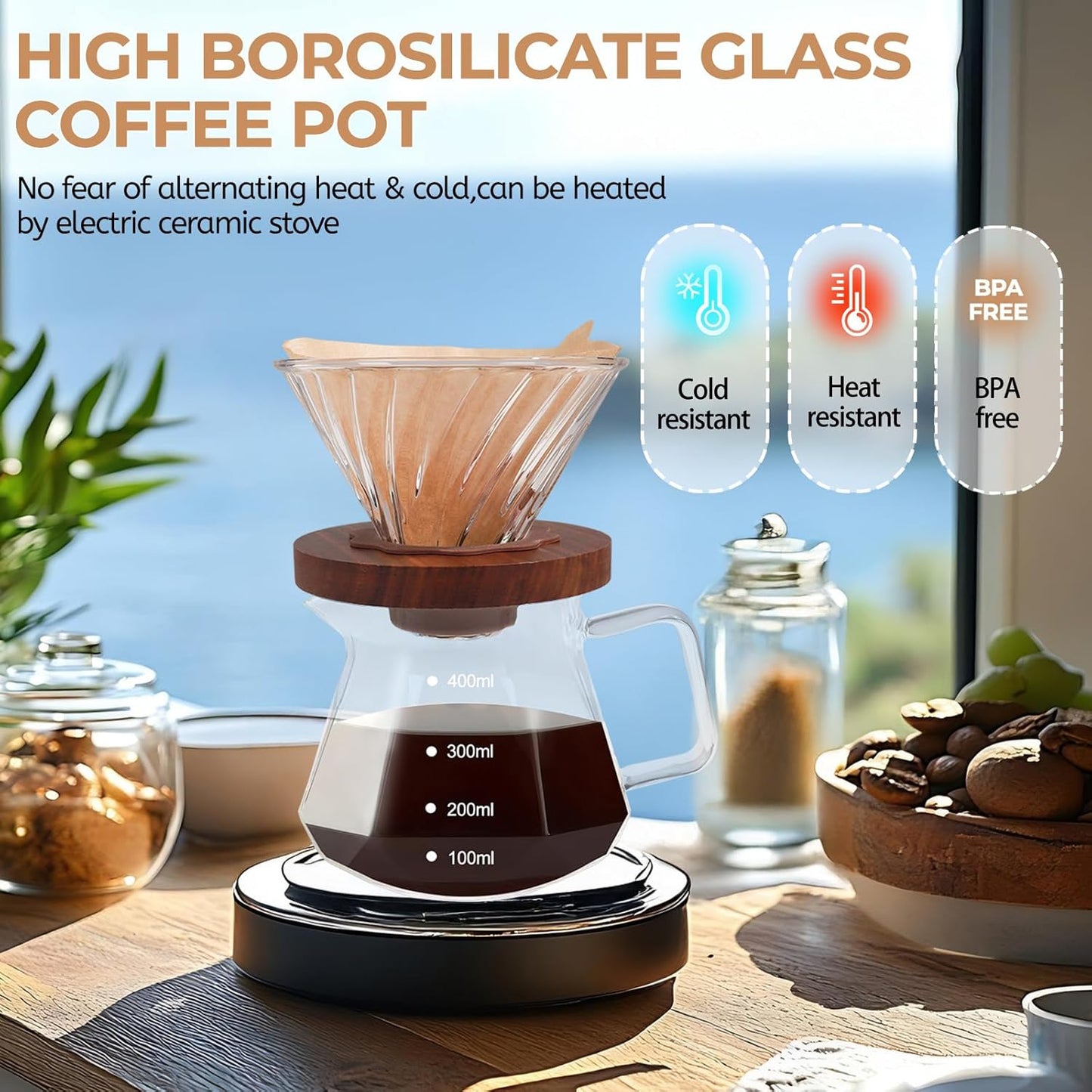 Pour Over Coffee Maker 400ml Borosilicate Glass Drip Coffeemaker Server Set with 50pcs V60 Cone Paper Filters Walnut Collar Glass Lid Clear Hand Brew Dripper Carafe for Home Camping Travel 13.53oz