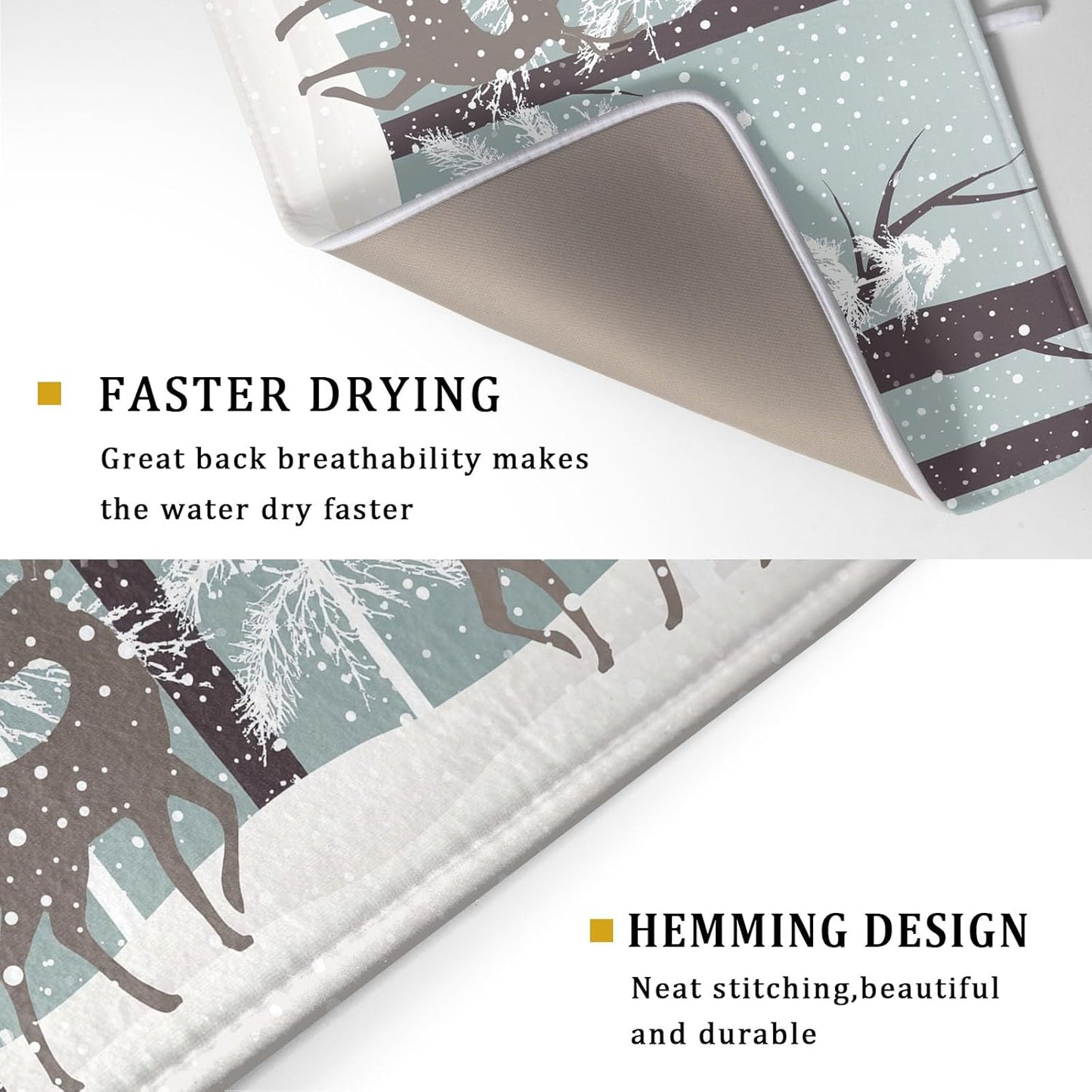Winter Wildlife Deer Dish Drying Mat for Kitchen Counter,Xmas Landscape Snow Tree Ivory Drying Mat 18 x 24 Inch with High Absorbent Microfiber Drainer Mat for Coffee Bar