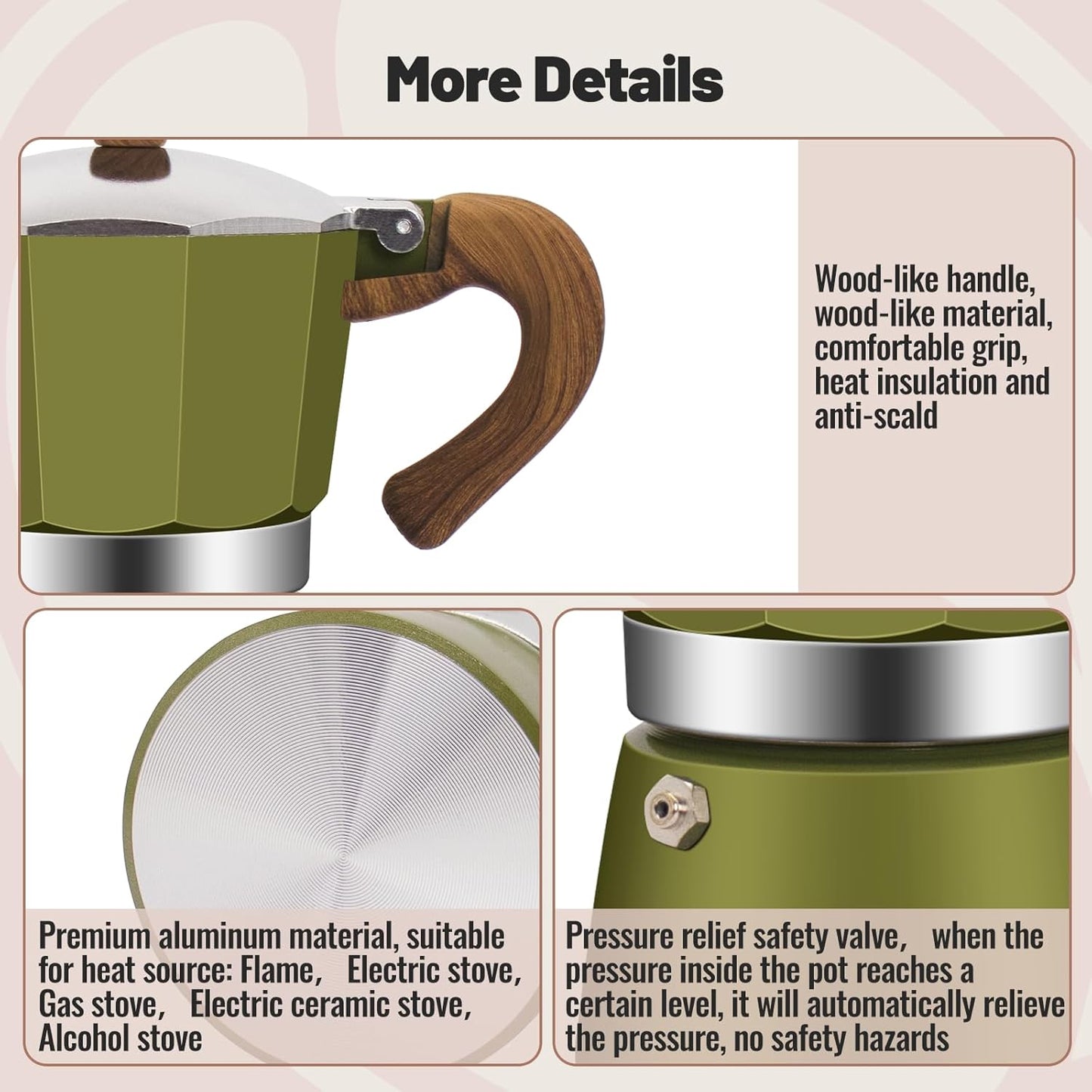 6 Cup Aluminum Moka Pot Classic Stovetop Espresso Coffee Maker 300ml 10oz Coffeemaker Percolator Mocha Pot Greca Coffee Maker Cafe Makers for Italian and Cuban Café Brewing Green