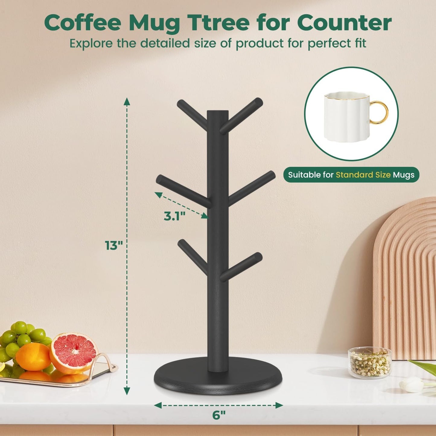 EsLuker.ly Mug Holder Tree, Bamboo Coffee Cup Display Rack with 6 Hooks for Home Kitchen Counter, Wood Mug Stand Station Organizer, Black, A Must-Have for Coffee Lover