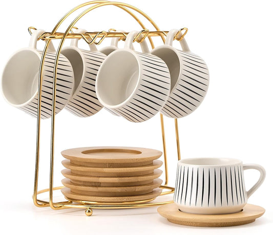 LUKA Ceramic Coffee Espresso Cups with Saucers Set with Metal Holder, 4 oz Porcelain Demitasse Cups For Tea, Espresso, Latte, Coffee, Cafe Mocha, Set of 6, White