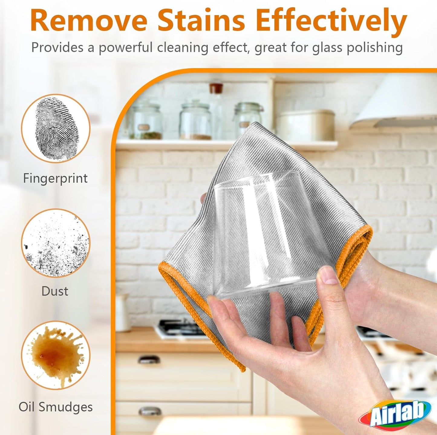 Glass Polishing Cloth Streak Free Miracle Microfiber Cleaning Cloth Lint Free Cleaning Rags for Glasses Kitchen Dish Mirrors Easy Clean, Pack of 6, 12" x 12", Sliver-Orange