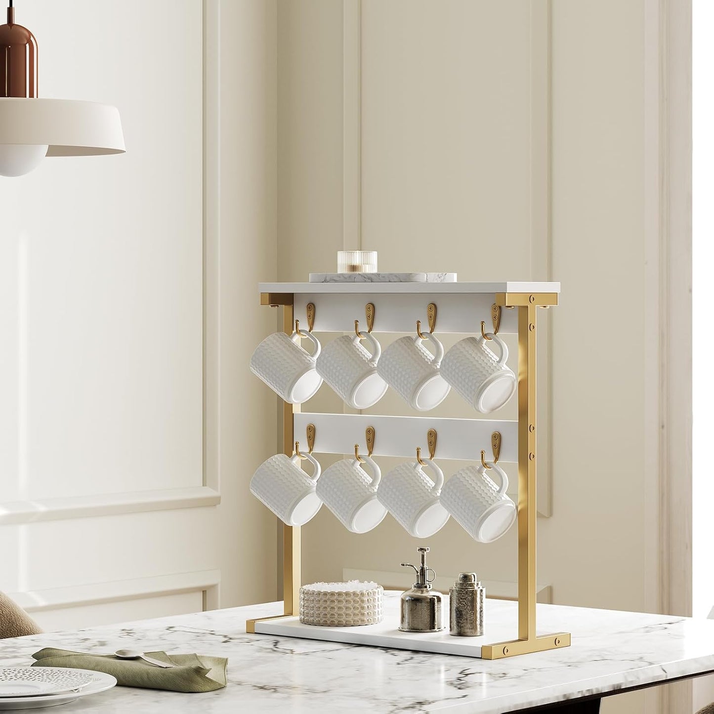 Coffee Mug Holder for Counter, 2 Tier Mug Tree Rack, with 8 Hook and 2 Open Shelves, Vintage Mug Holder Stand for Home Kitchen, White and Gold MH43DW