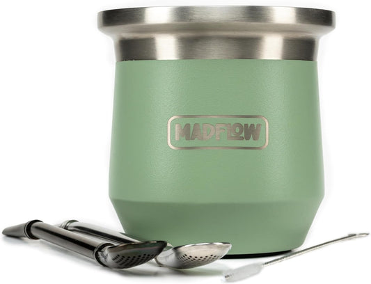 MADFLOW Yerba Mate Cup. Stainless Steel Mate Cup with 2 Bombillas. Double Wall Vacuum Insulated Yerba Mate Gourd. Unique Gourd And Bombilla Set