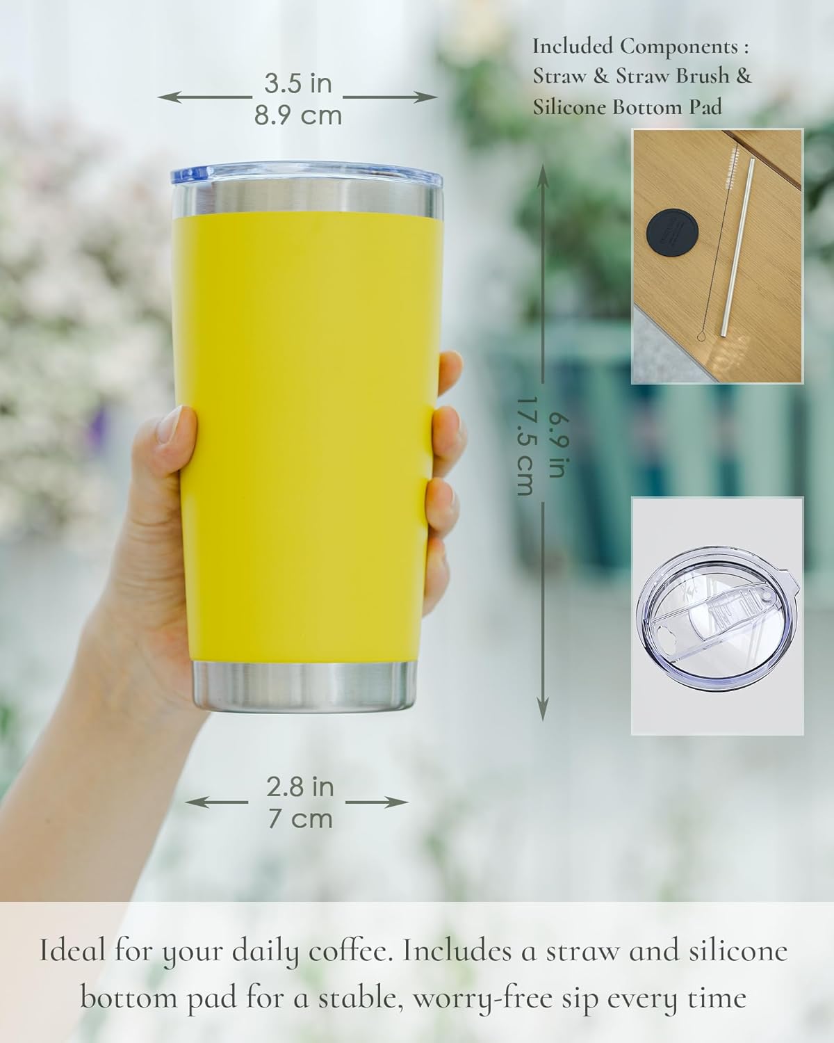 Travel Coffee Tumbler 20oz, 1 Pack Leakproof Travel Coffee Mug with Lid and Straw, Stainless Steel Double Wall Vacuum Insulated Tumbler for Hot/Iced Drinks (Textured Matte, Yellow)