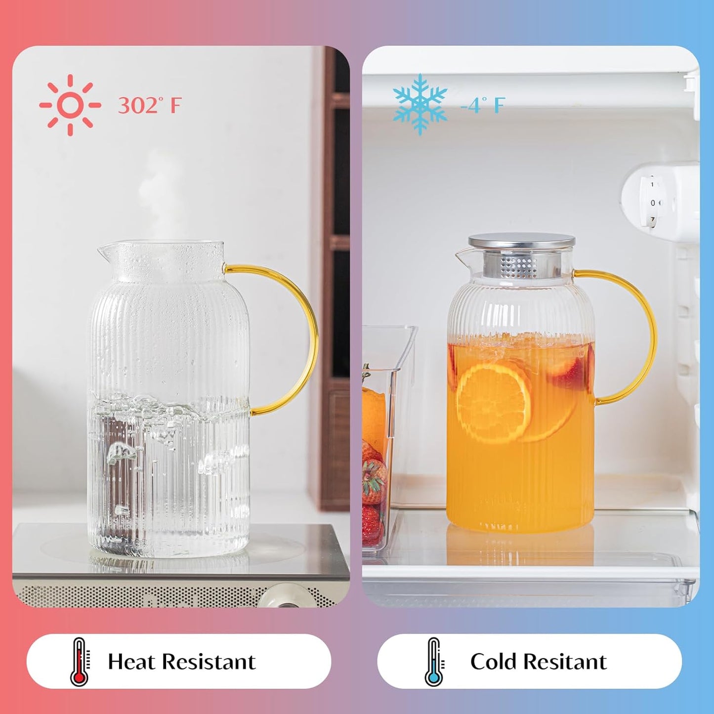 INSETLAN 68 Oz/2L Glass Pitcher with Lid and Spout, Ribbed Glass Jugs with Handle, Hot & Cold Water Pitcher for Iced Tea, Juice, Lemonade - Modern Glass Carafe for Fridge or Table (Pack of 2)