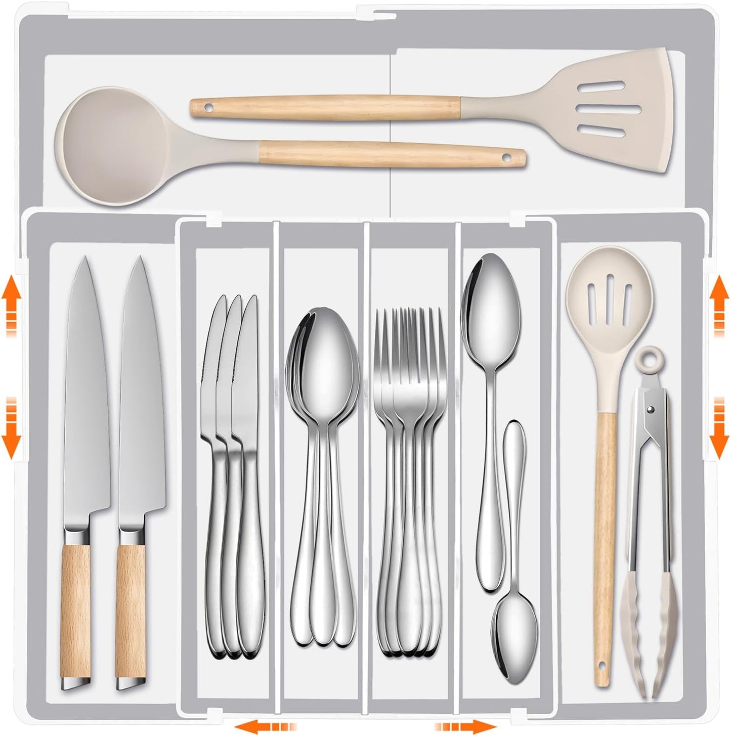 Silverware Organizer - Expandable Silverware Tray for Drawer, Adjustable Utensil Drawer Organizer for Forks, Knives, Kitchen Organizers and Storage, White