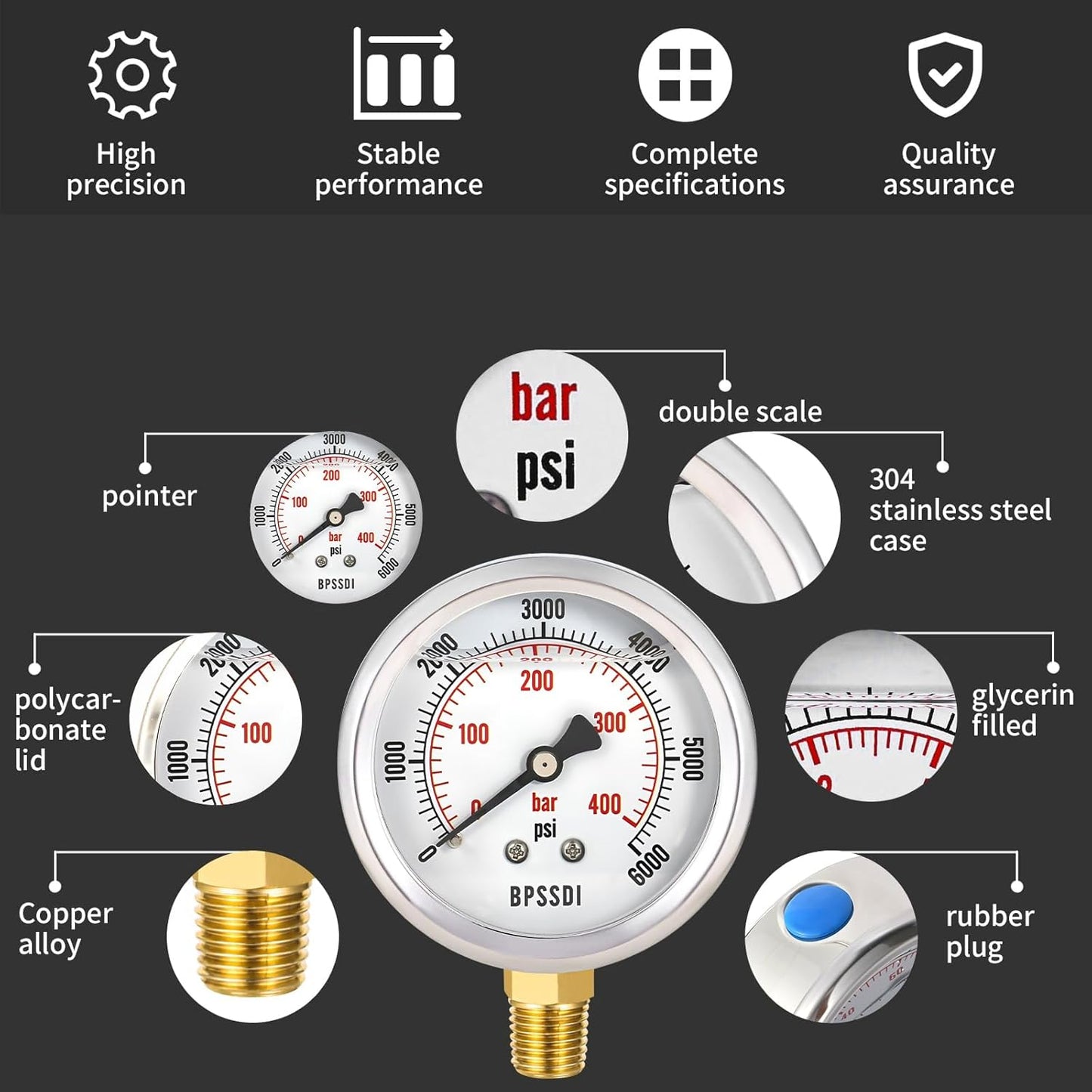 0-6000 Psi Glycerin Liquid Filled Hydraulic High Pressure Gauge, 2.5" Dial Size, 1/4" NPT Lower Mount, 304 Stainless Steel Case, for Water Oil Air Gas Pressure Test