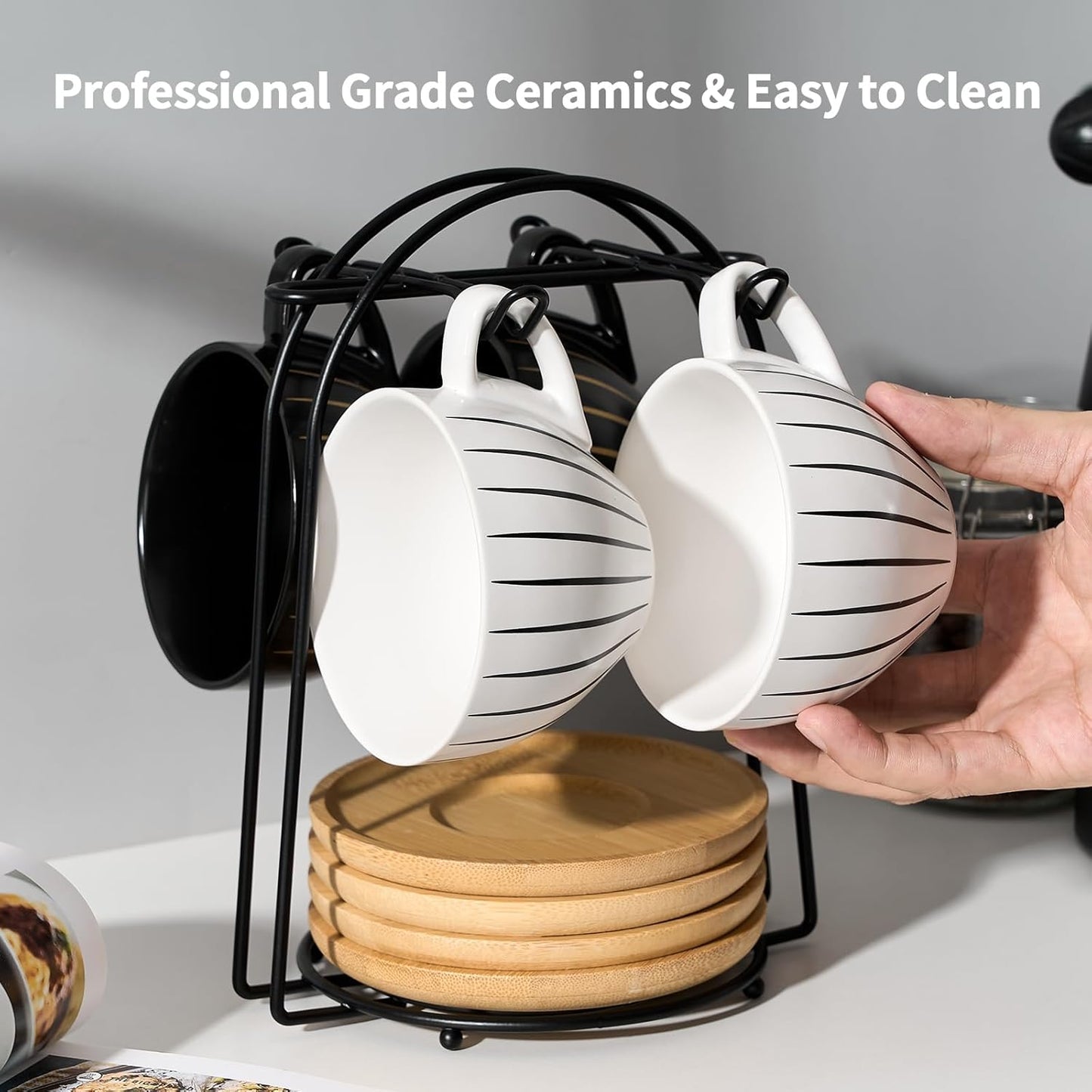 LUKA Ceramic Demitasse Espresso Cups Set with Saucers and Metal Stand, 8 oz Porcelain Cappuccino Cups Teacup For Tea, Espresso, Latte, Coffee, Cafe Mocha, Set of 4, Stripe White & Black