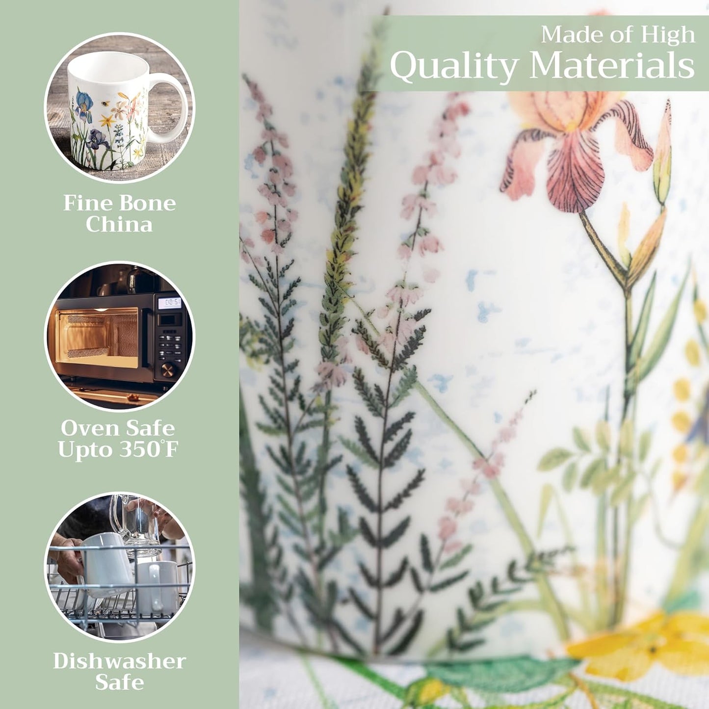 Maison d' Hermine Coffee Mug with Handles Fine Bone China Mugs Pack of One Tea Cups for Hot Beverages Cappuccino Latte Home Restaurant Office Perfect for Gift (Fleurs De Mai - Prairie, 15 Ounce)