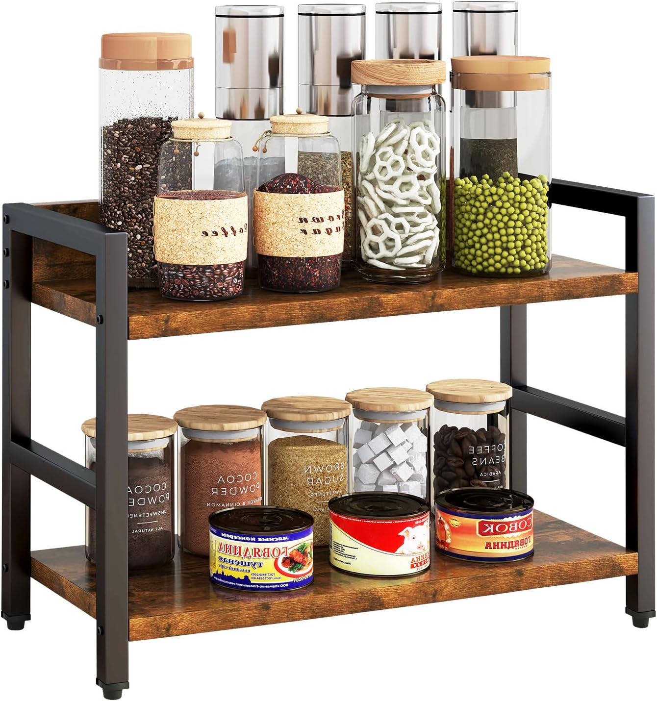 IBUYKE 2-Tier Spice Rack Industrial Counter Shelf Desktop Storage Organizer Standing Seasoning Rack for Countertop Kitchen Office Living Room Desktop Rustic Brown UTLJ002H