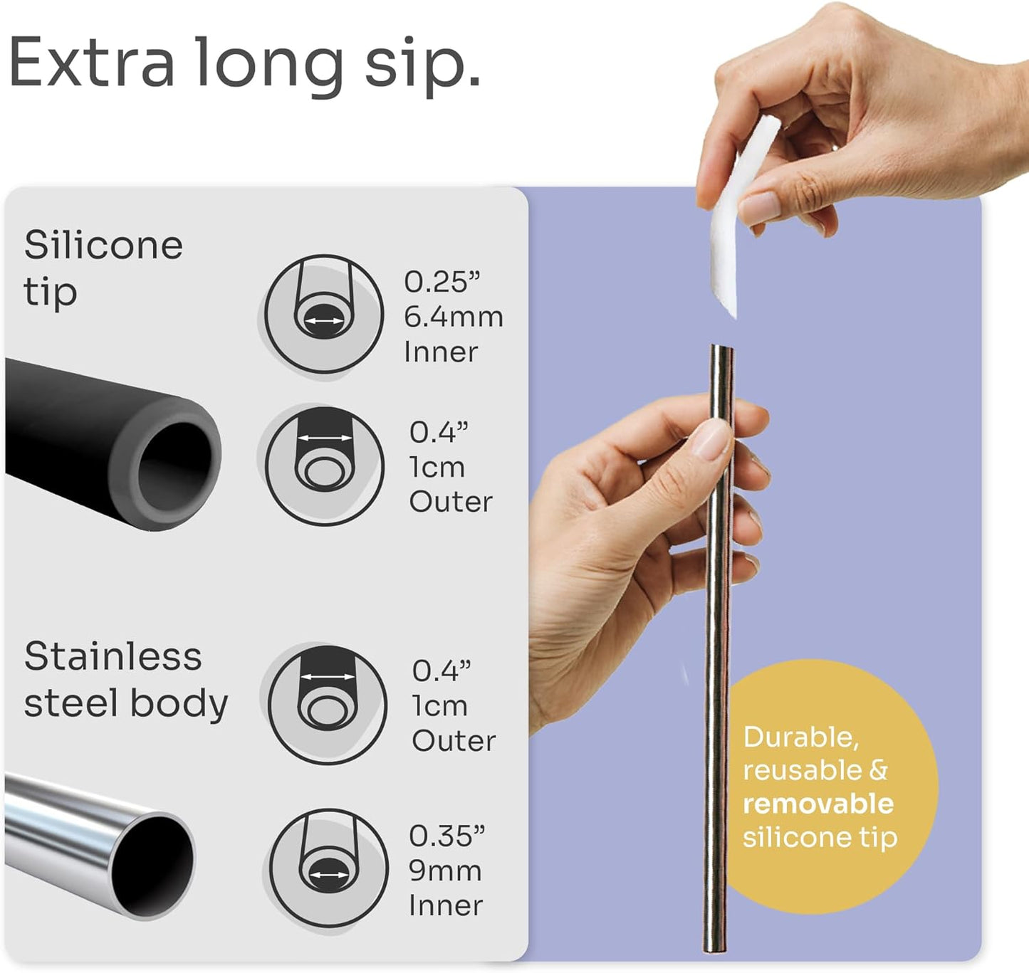 purifyou 14.5" Stainless Steel Straws with Pastel Colored Silicone Tips, Extra Long & Wide Reusable Metal Straws for Tumblers, Smoothies (Set of 5 with Brush)