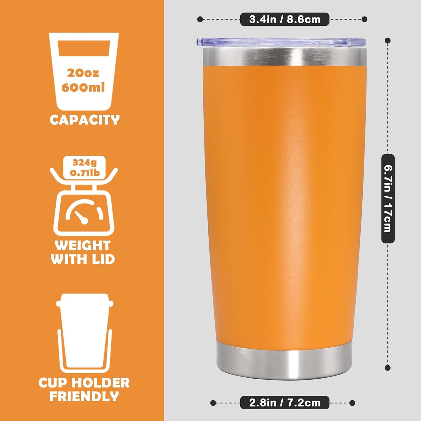 20oz Tumbler Bulk Stainless Steel Tumbler Cup with Lid Vacuum Insulated Double Wall Travel Mug, Durable Powder Coated Travel Coffee Tumbler Mug for Hot & Cold Drinks, Orange,8 Pack