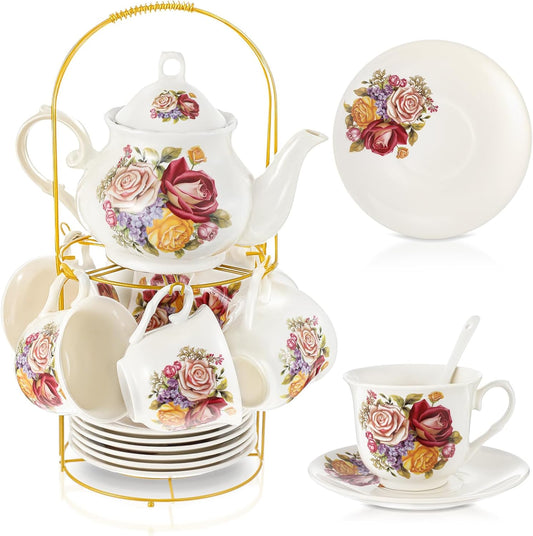 Zhehao 20 Pcs Porcelain Tea Set with Metal Holder and Spoon Adult Ceramic Tea Party Set European Flower Painting Teapot Cup Saucer Spoon for Women, Large Version (Styleish Style)