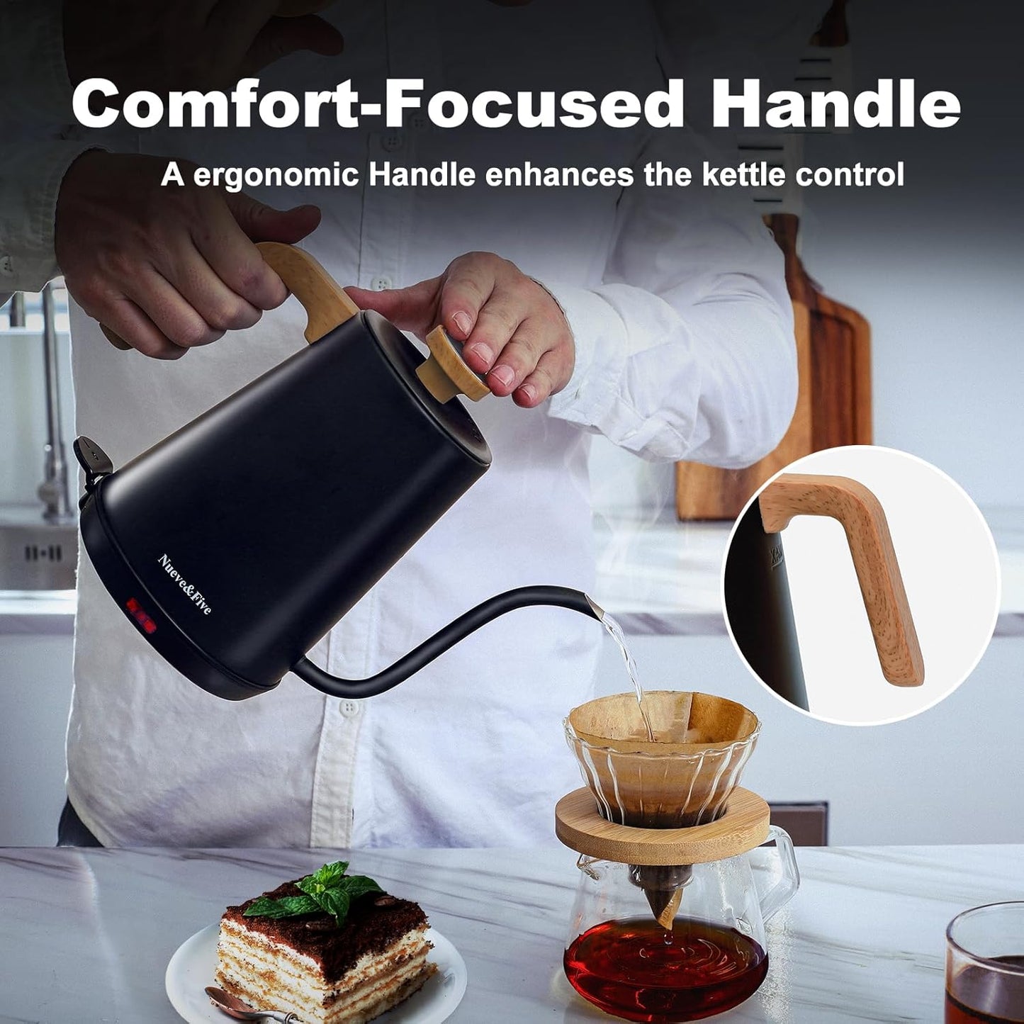 Nueve&Five Gooseneck Electric Kettle with Thermometer， Black Electric Kettle 1L with Auto Shut-Off，1000W Hot Water Kettle of Stainless Steel， Pour Over Kettle for Coffee & Tea