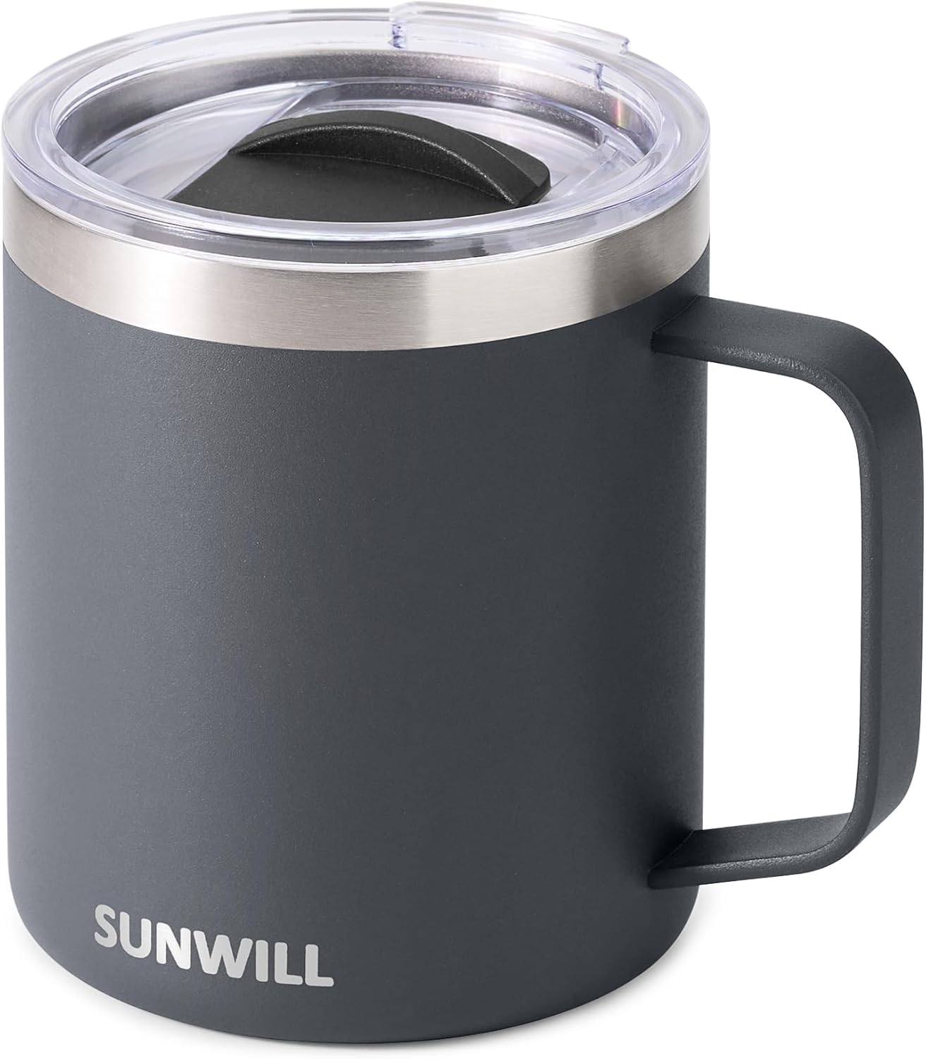 SUNWILL Travel Coffee Mug with Lid, Insulated Tumbler with Handle, 14 oz Stainless Steel Cup for Home, Office, Camping, Powder Coated Charcoal