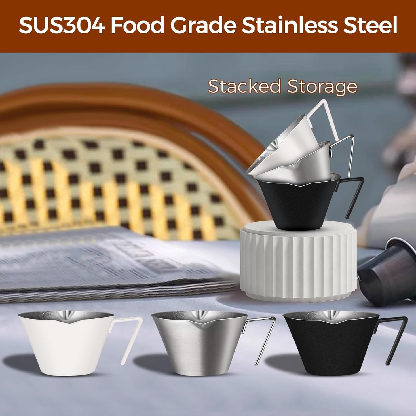 1Pc Stainless Steel Espresso Cups, Double Spout Metal Measuring Cup with Dual Scale, Espresso Shots Cup with Handle, Coffee Bean Weighing (White), 3.4oz/100ml