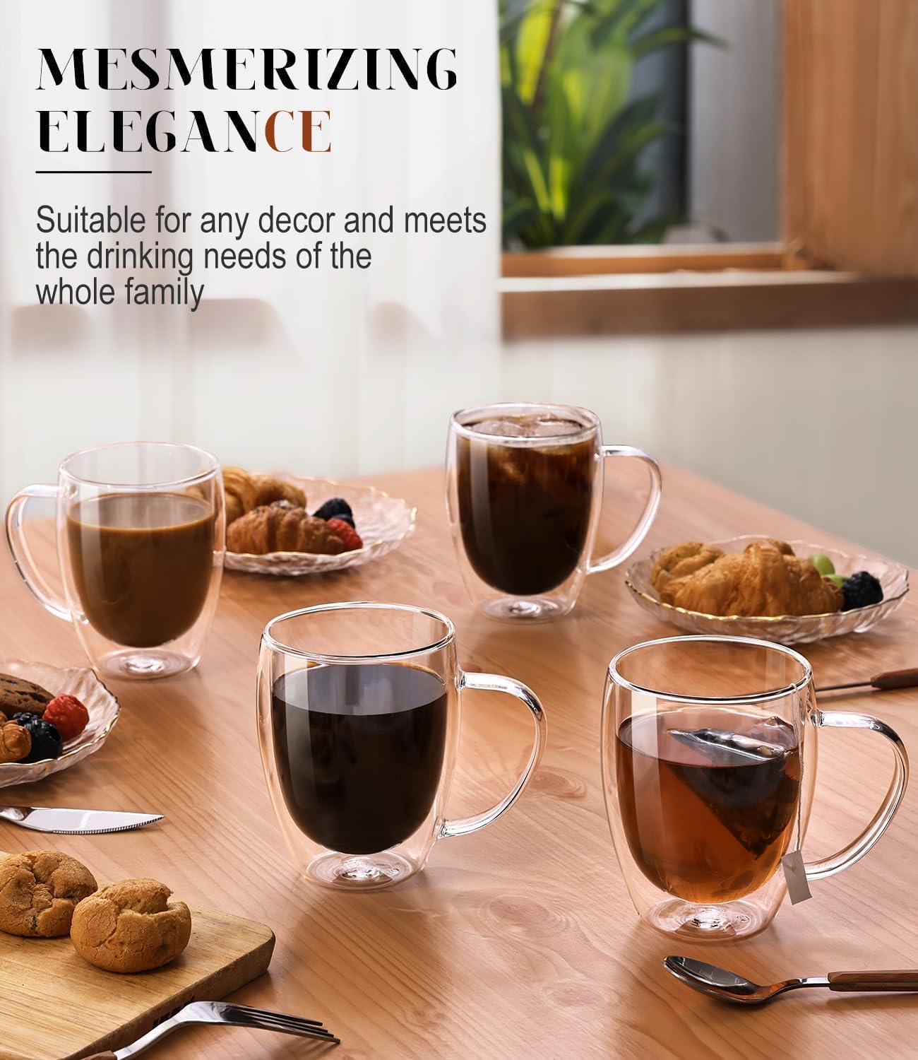 OJA Double Wall Glass Coffee Mugs Set of 2, 13oz Clear Glass Mugs, Insulated Coffee Cups, with coaster, Perfect for Espresso, Latte, Cappuccino, American, Tea Bag, Beverage