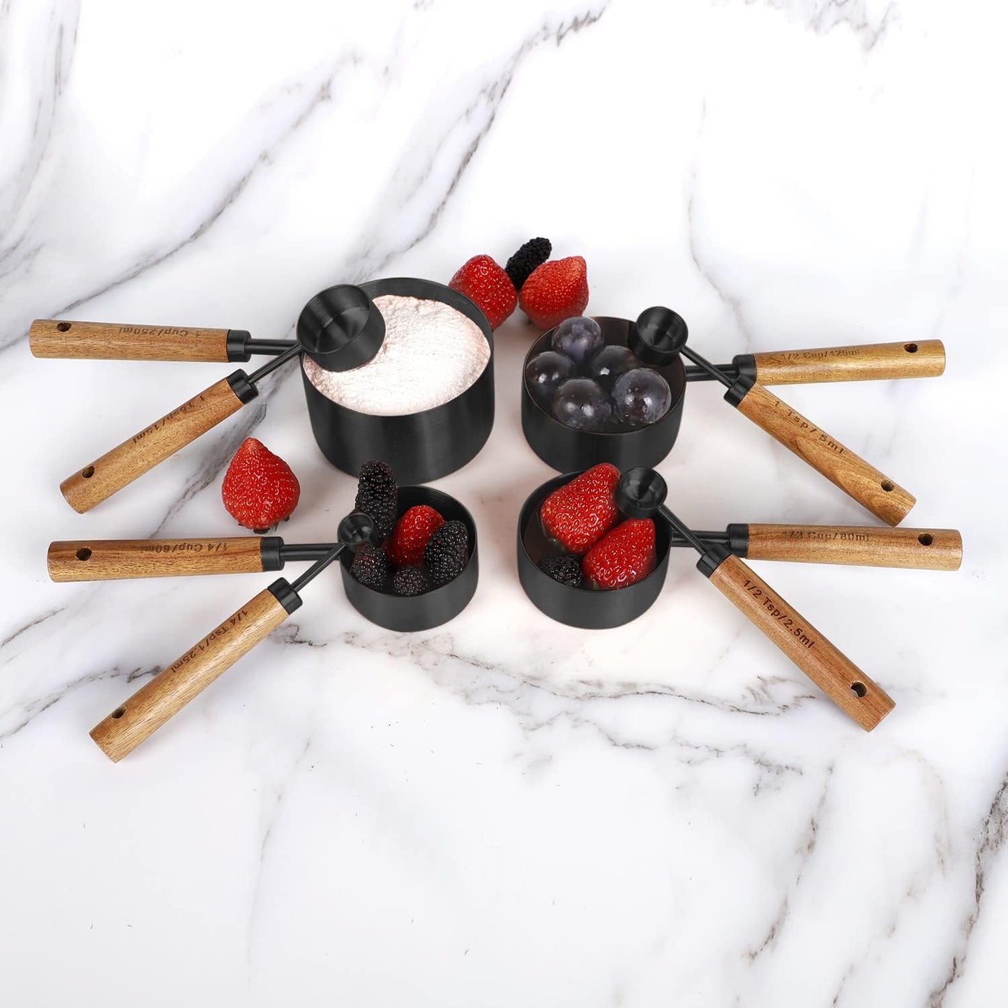 Collection 8 Piece Black Measuring Cups Set and Measuring Spoons, Golden With fragrant wood Handles-Complete Set of Measure Cups and Spoons For Cooking and Baking.