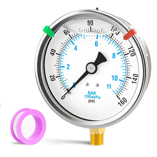 0-160PSI Stainless Steel Liquid Filled Pressure Gauge, 4" Dial Size, 1/4" NPT Lower Mount, for Tube, Water Pump, Gas, Liquid, Pressure Test (with Range Mark Pointer)