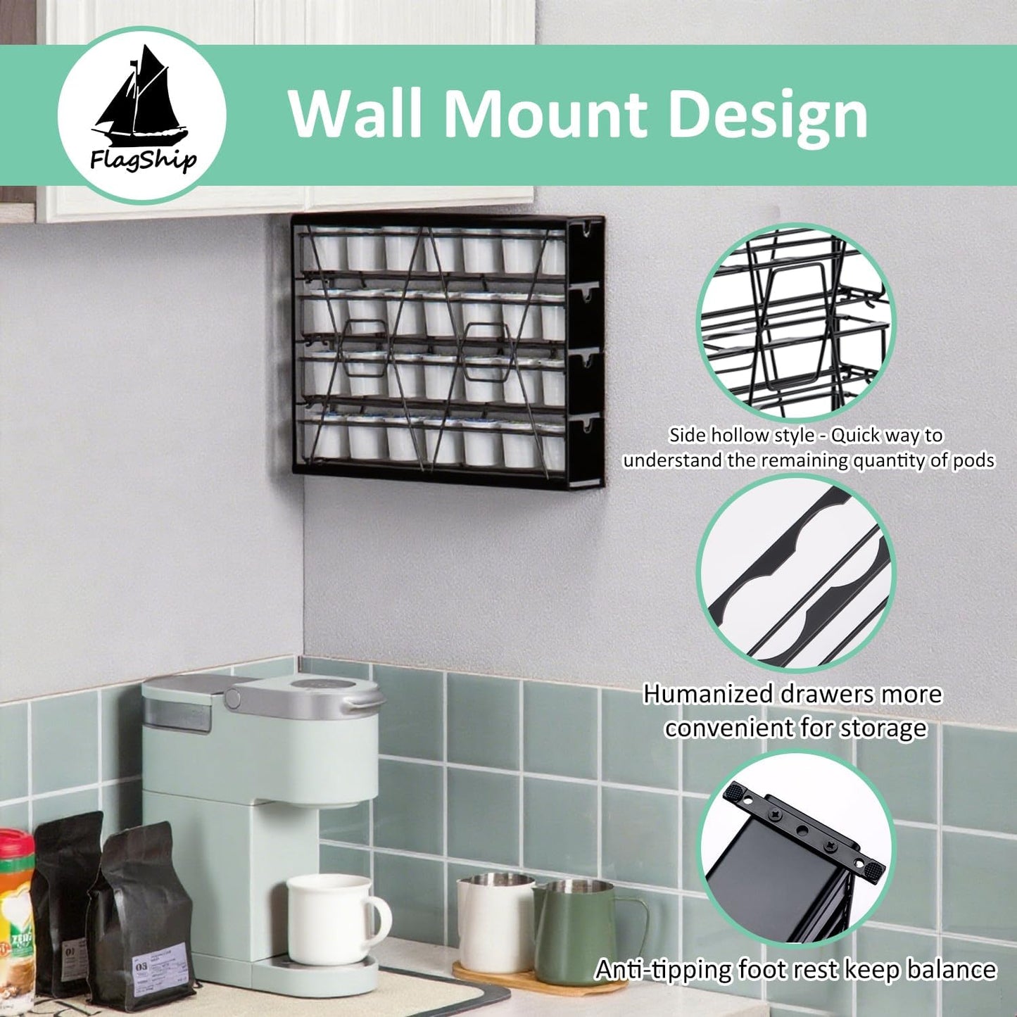 FlagShip K Cup Holder for Keurig Pods Coffee Pod Storage 4 Tier K Cup Drawer Organizer for Counter (28 Pods Capacity)