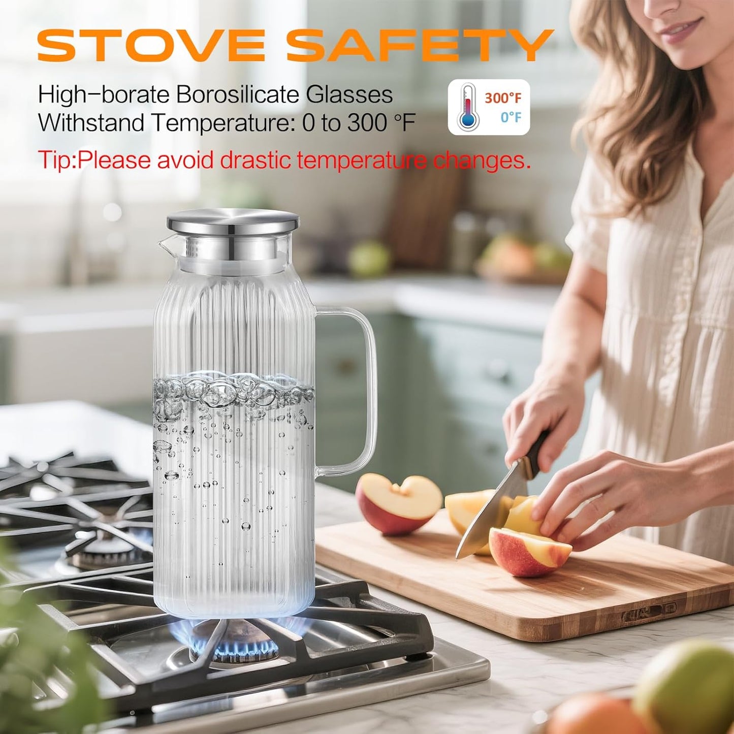 2 Liters/68oz 2 Pack Stripes Glass Pitcher with Lid and Handle for Bridge Door, Aofmee Borosilicate Glass Heat Resistant Dishwasher Safe Iced Tea Jar, Carafe with Scale Line for Hot/Cold Beverage