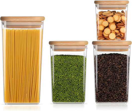 Square Storage Containers with Lids, Clear Food Storage Container Jar with Sealing Bamboo Lid for Noodles Flour Cereal Rice Sugar Tea Coffee Beans