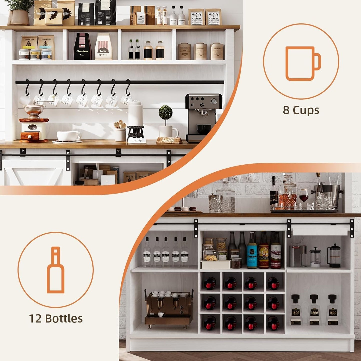 4ever2buy Farmhouse Coffee Bar Cabinet with 4 Storage Hutch, 55 Inch Wine Bar with 12 Wine Racks and 8 Hooks, Hutch Storage Cabinet with Sliding Barn Doors for Kitchen Dining Living Room, White