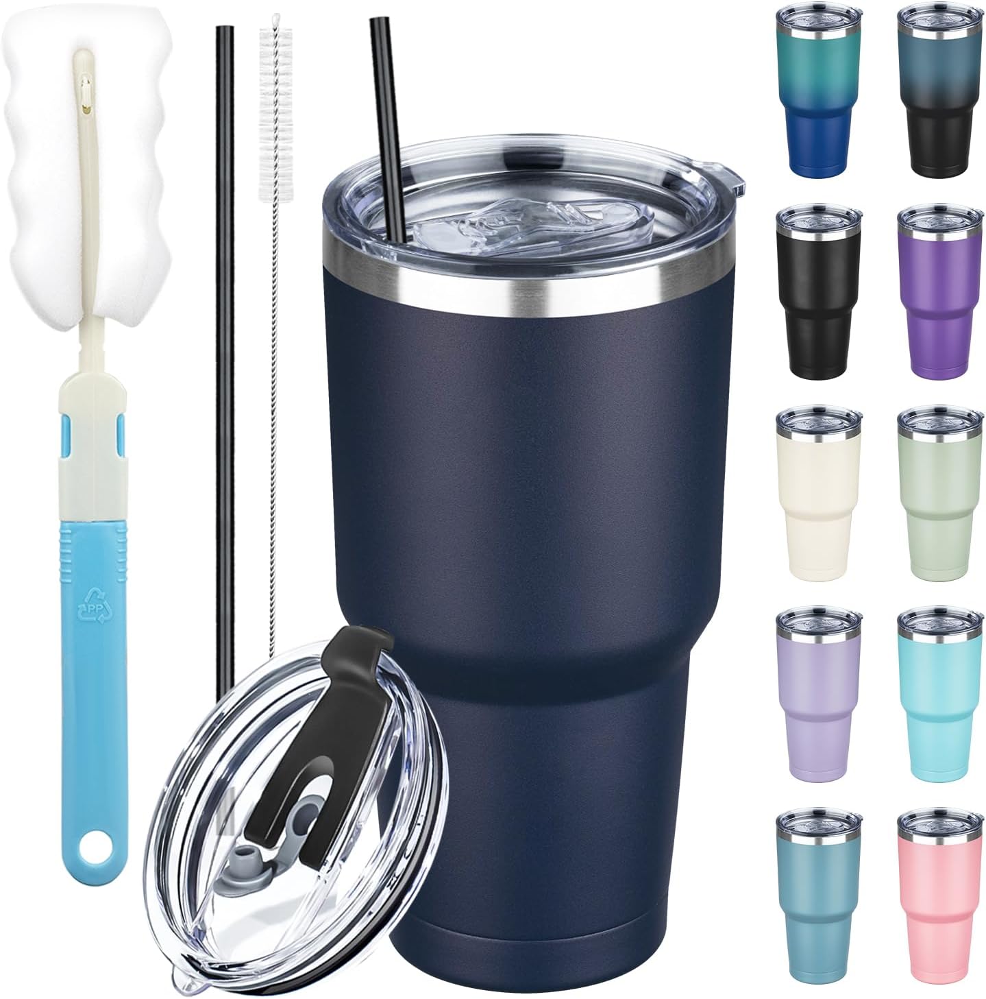 30 oz Tumbler with Lids and Straws, Stainless Steel Insulated Coffee Tumbler, Double Wall Vacuum Insulated Travel Mug Cup, Leakproof Thermal Coffee Cup for Hot and Cold Drinks (Navy Blue)