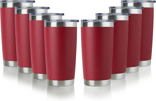 DOMICARE 20oz Stainless Steel Tumbler Bulk with Lid, Double Wall Vacuum Insulated Travel Mug, Powder Coated Coffee Cup (Powder Red, 8)