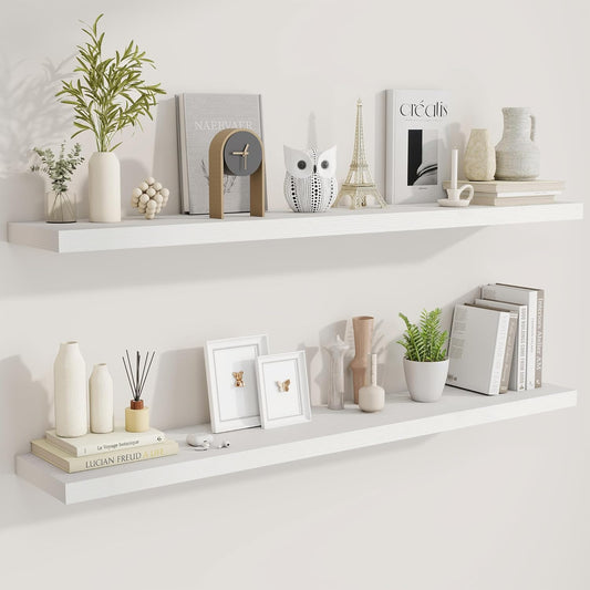 Fun Memories 55 Inch Fireplace Mantel Shelf -Long Floating Shelves, Deep Wall Mounted Farmhouse Display Shelves with Invisible Heavy Duty Metal Bracket, White, 2 Pack