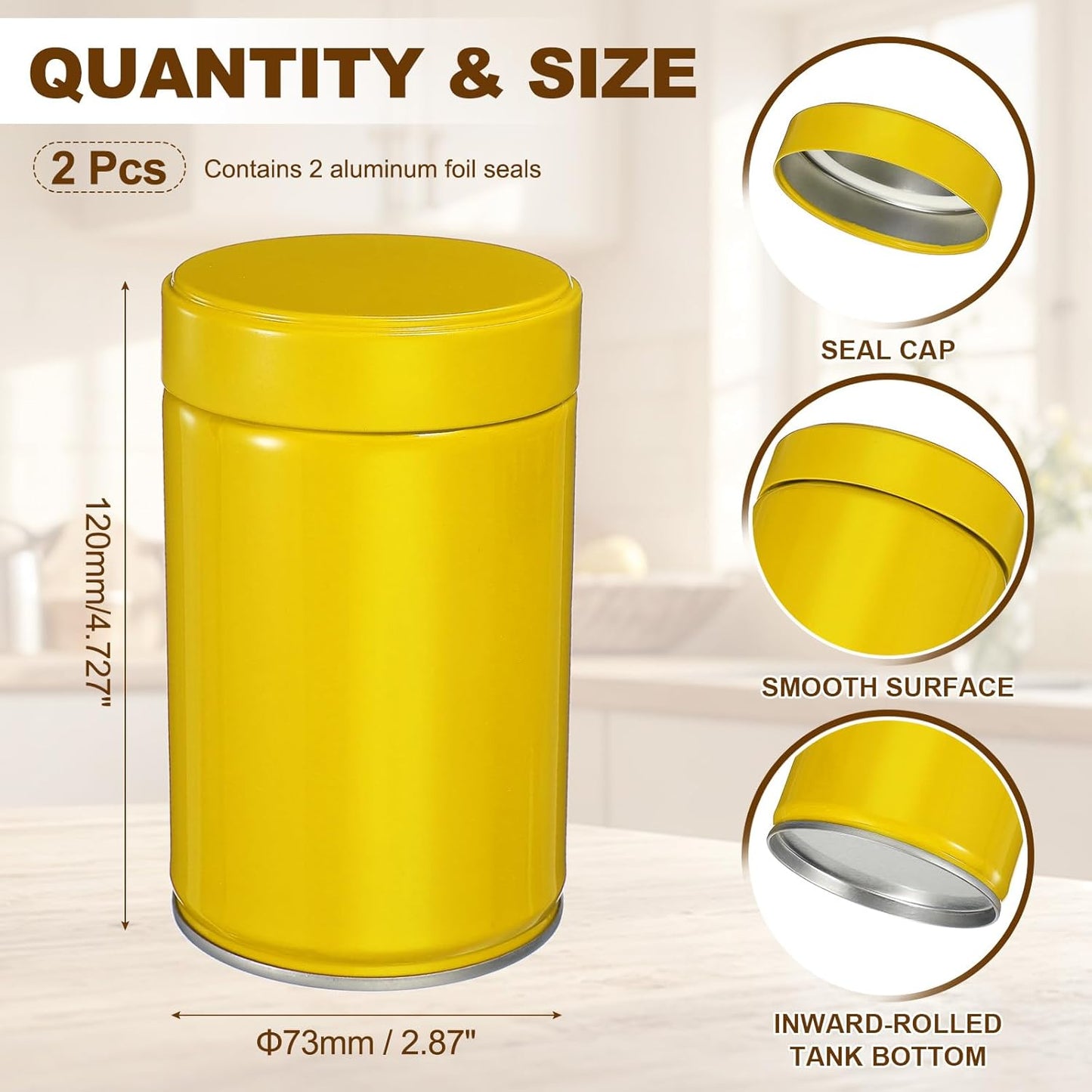 uxcell 2Pcs Round Tea Canisters, 5" x 3" Airtight Metal Tea Containers for Loose Tea, Coffee Beans, Spices - Durable, Compact, and Stylish Storage Tea Tin (Yellow)