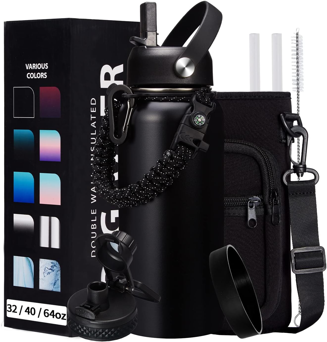 32-40-64OZ Stainless Steel Water Bottle - Black Water Bottle with Straw & Spout Lid, Paracord Handle & Bottle Sleeve, Insulated Vacuum Water Flask Double-Wall Metal Thermo Cup Canteen for Gym School