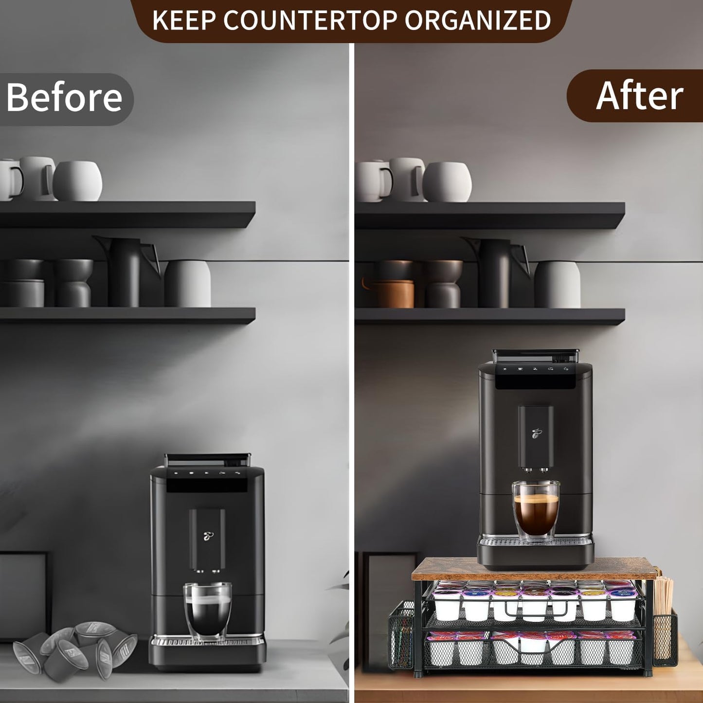 Spacrea K Cup Holder Organizer, Coffee Pod Holder for Countertop with 2 Tier Sliding Storage Drawer and Coffee Accessories Holder, 63 Large Capacity or 80 Small Capsules, Home Kitchen