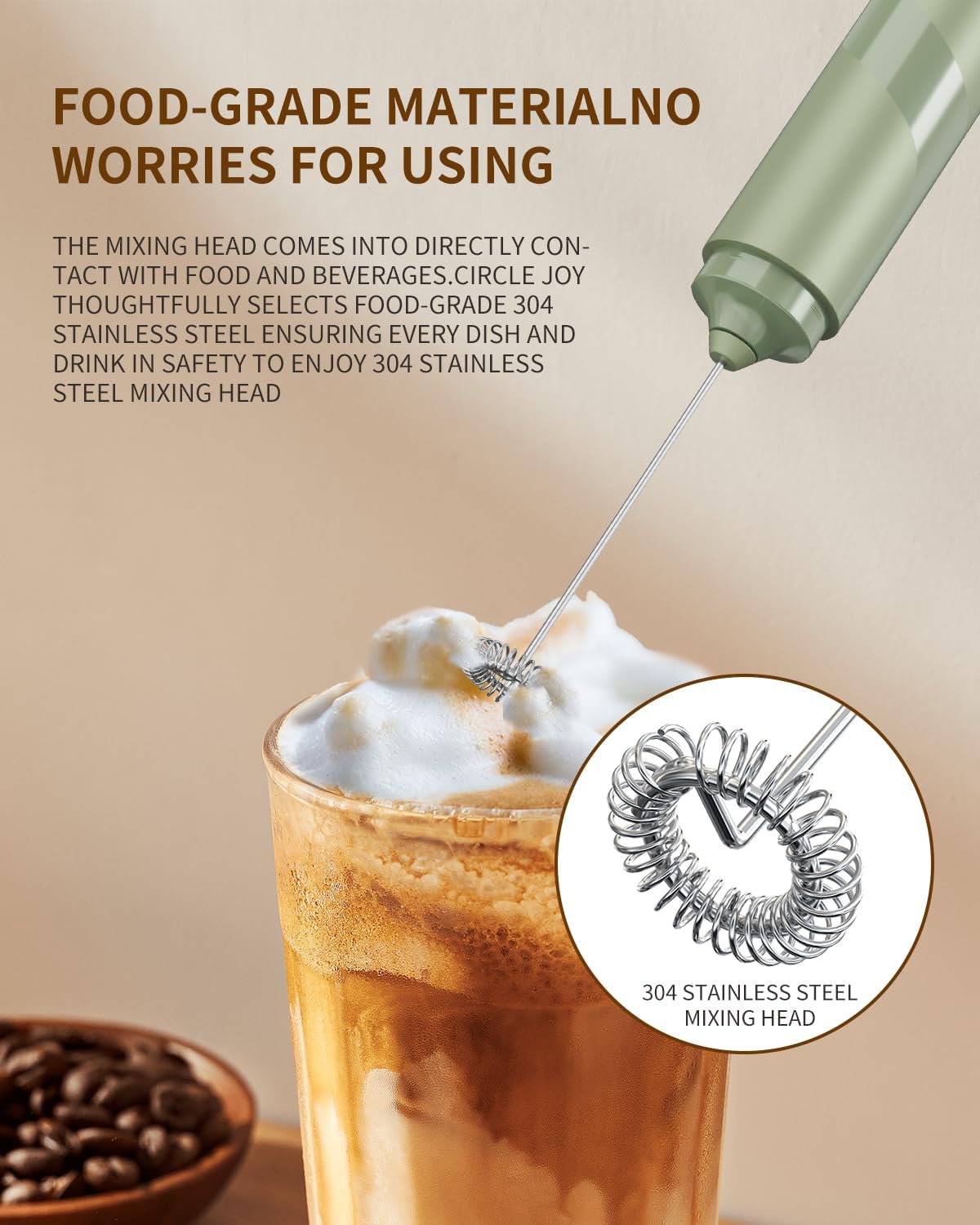 CIRCLE JOY Portable Milk Frother Hanheld, Battery Operated Electric Coffee Frother Wand Drink Mixer for Matcha Lattes Cappuccino, Kitchen Gifts, Green