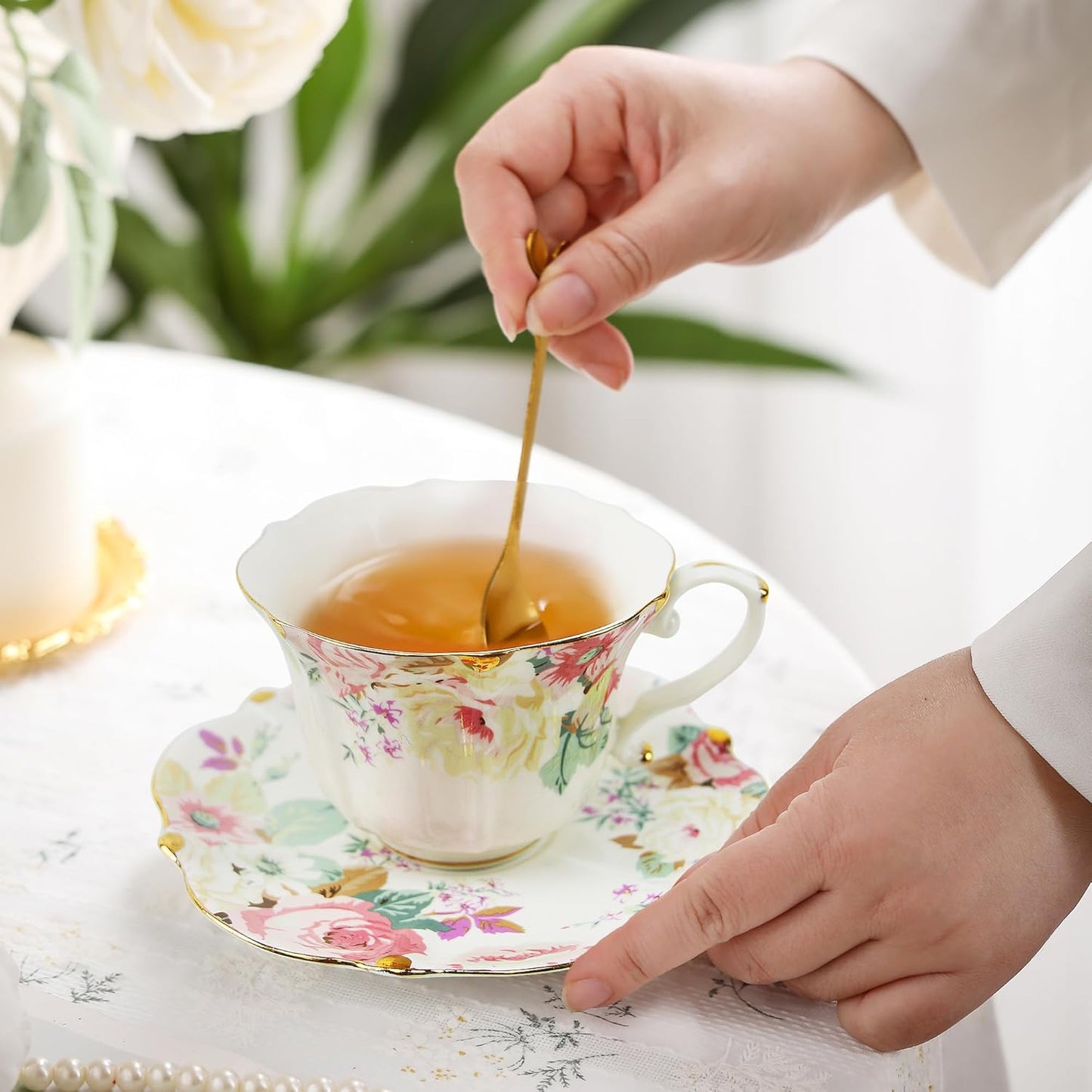 TATSUMI Country Roses 18 Peices Bone China Tea Cup And Saucer Set, English Vintage Tea Cups Of 6 For Women And Tea Party Sets(Pink,6 sets)
