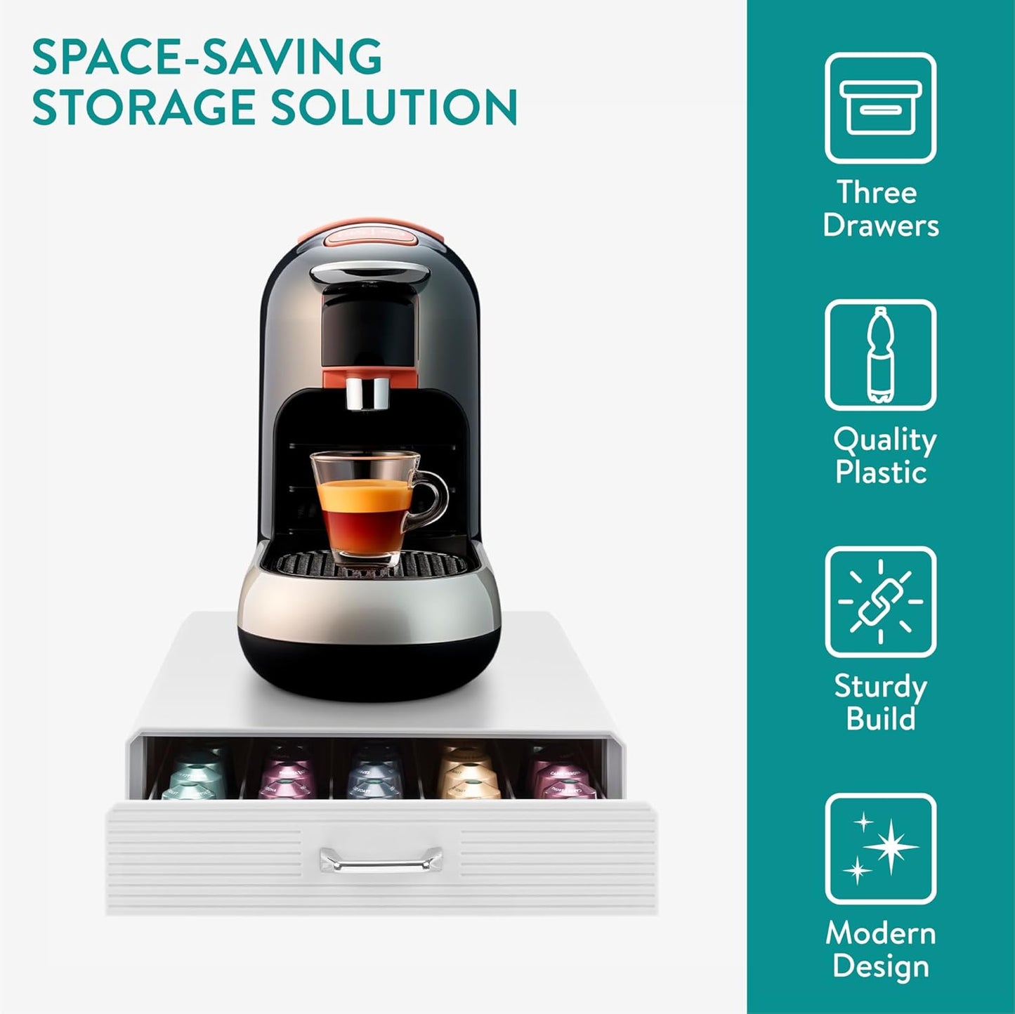 Navaris Coffee Pod Holder Drawer - 50 Capsule Storage Organizer Tray Counter Container - Fits Standard Sizes of Pods and Capsules - 1 Drawer Design - White