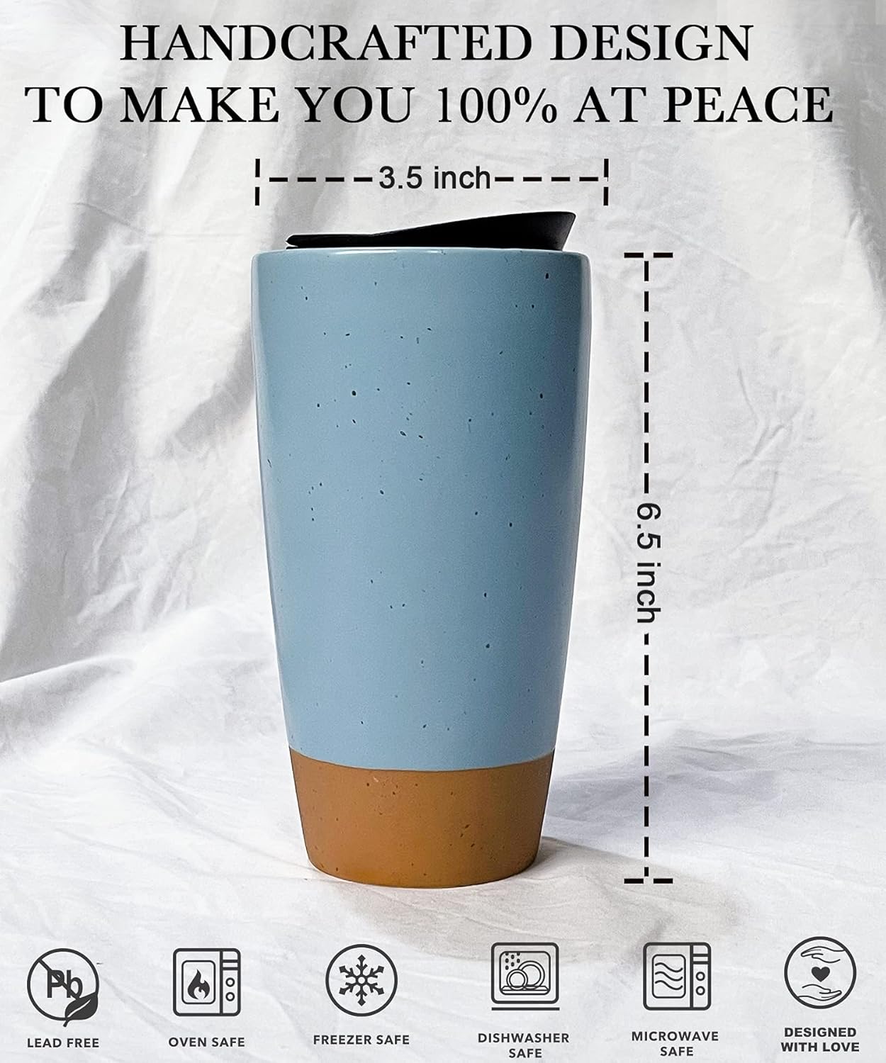 Mora Double Wall Ceramic Coffee Travel Mug with Lid, 14 oz, Portable, Microwave, Dishwasher Safe, Insulated Reusable Tall Cup, Splash Resistant Lid - To Go Tumbler for Car Cup Holder, Dusty Blue