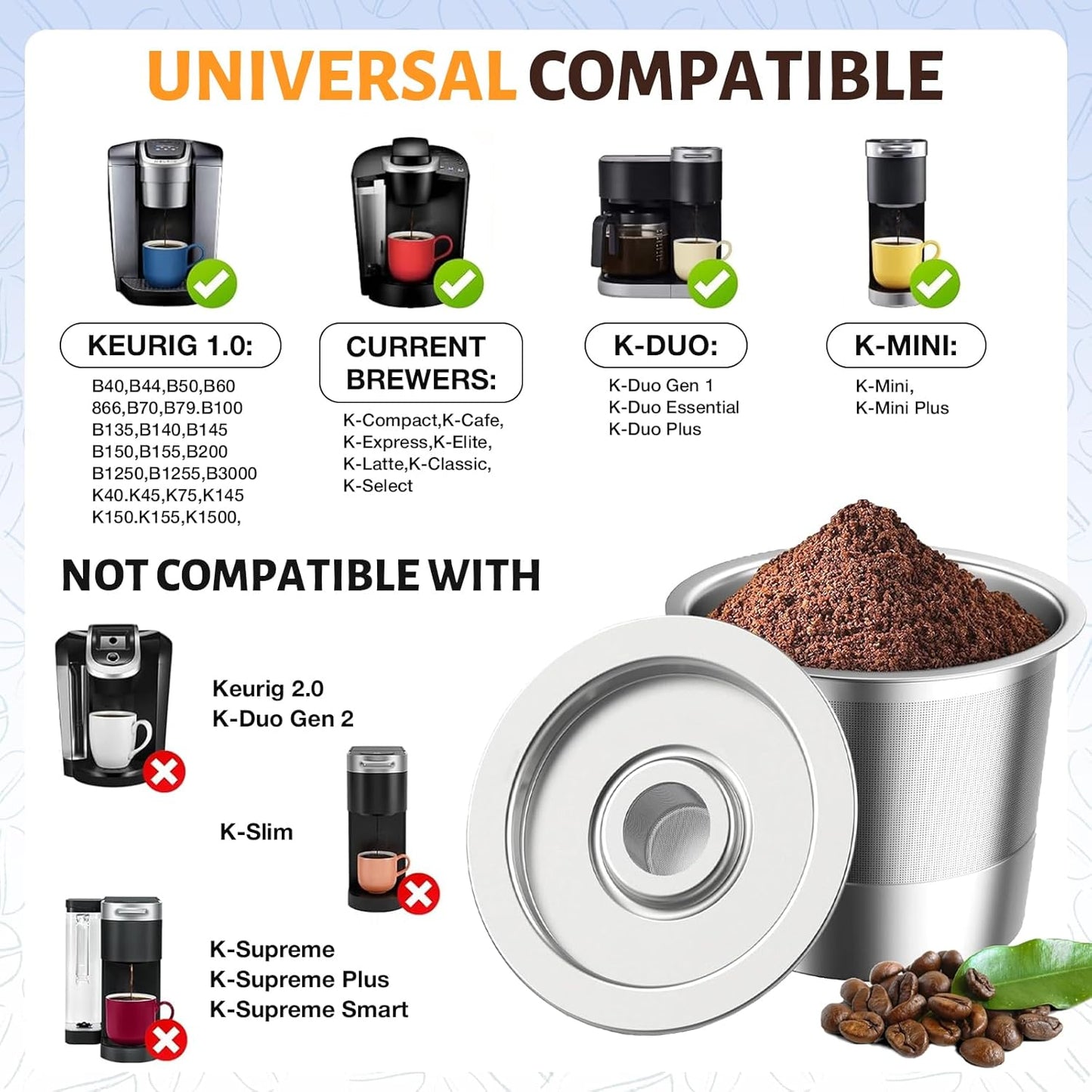 2 Pack Reusable Stainless Steel Coffee Pod for Keurig 1.0 – 2 Pack Refillable K Cup Filters, Eco-Friendly Permanent Coffee Pods, BPA-Free Universal Fit