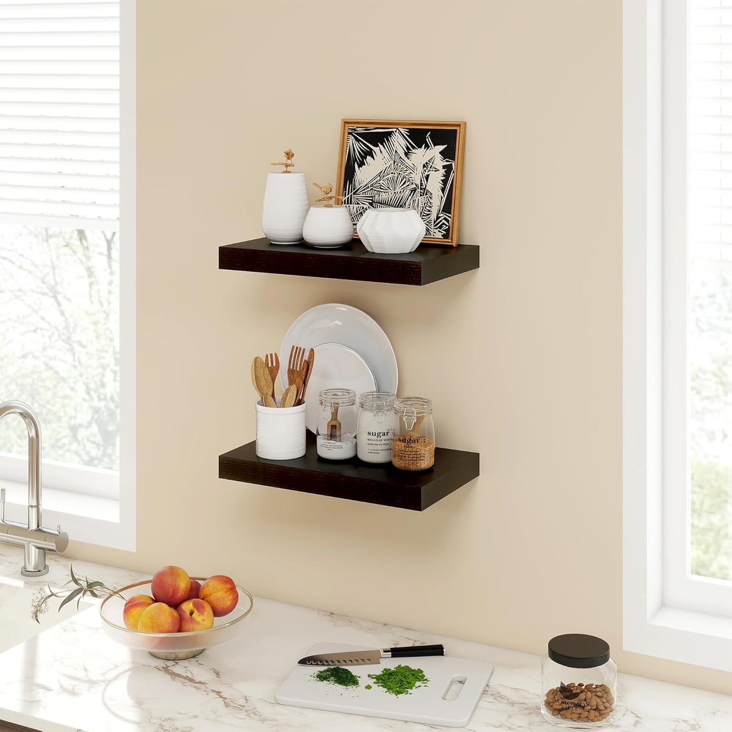 16 Inch Floating Shelves, 9.3" Deep Floating Shelf Wall Mounted, 16" Wall Shelves, Rustic Deep Bookshelf, Large Display Shelves & Storage Shelves for Bedroom, Living Room, Black, Set of 2