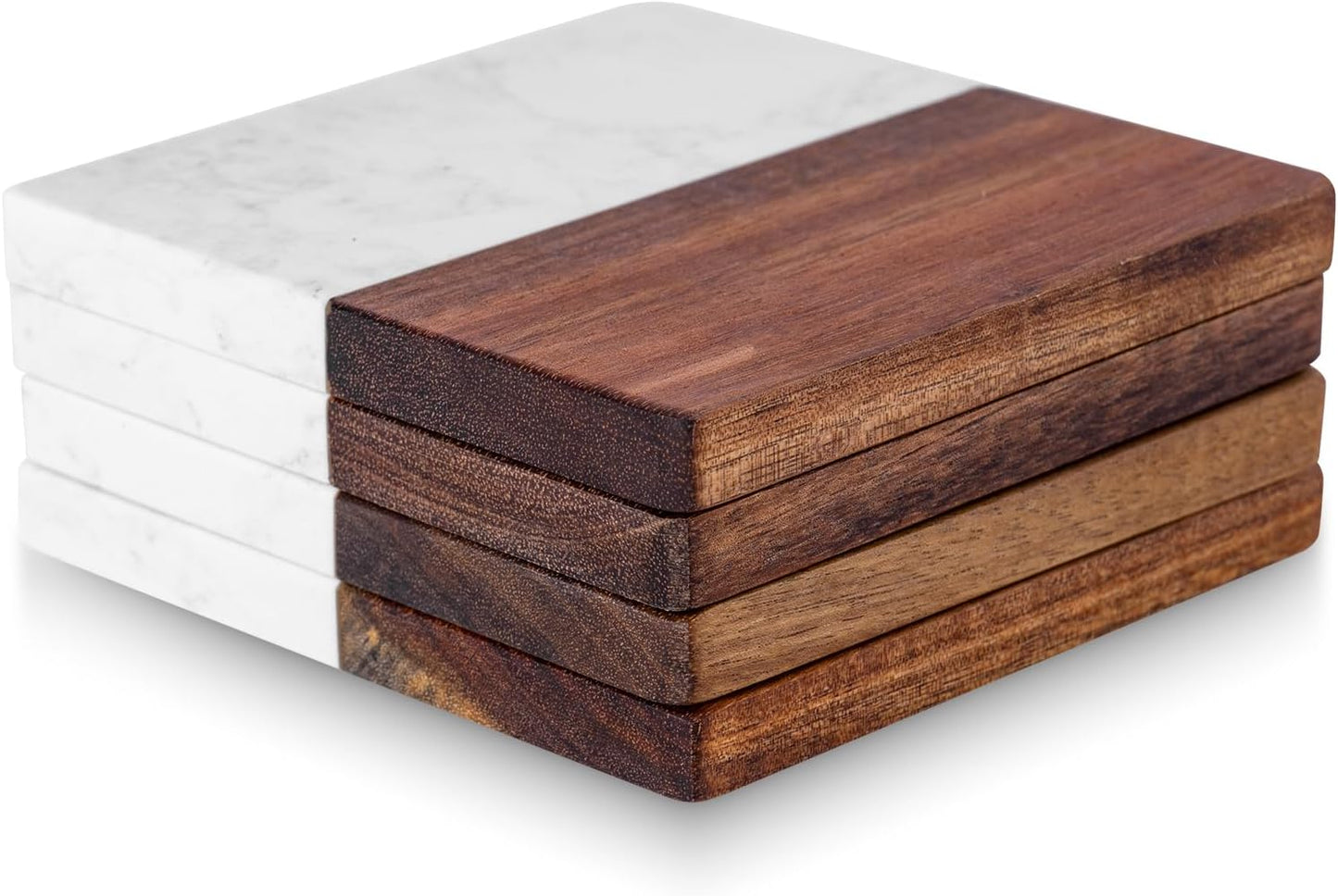 Marble Coasters: 4-Piece Set of Acacia Wood Marble Coasters, Suitable for Kitchens, Offices, and can be Used as Gifts