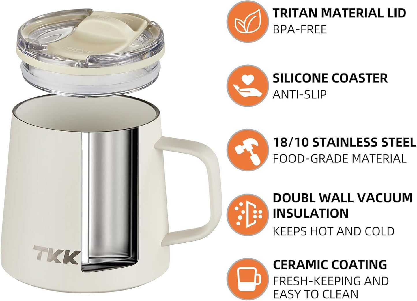 TKK 12 oz Insulated Coffee Mug with Handle Ceramic Coating Detachable Slider Lid Stainless Steel Tumbler Double Wall Vacuum Travel Cup