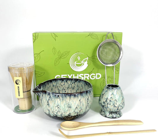 Matcha Whisk Set,6Pcs Matcha Kit Includes Matcha Whisk and Holder,Matcha Bowl with Spout,Matcha Sifter and 2Pcs Matcha Spoon,Suitable as a gift for those who like matcha (Quenching Blue)