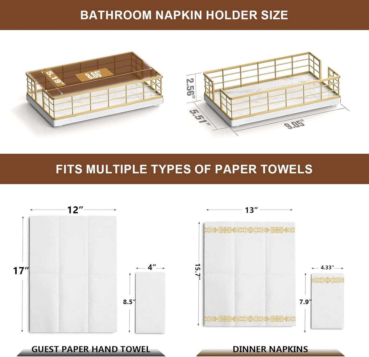 Wican Marble Guest Towel Holder Tray for Bathroom, Napkins Holder for Powder Room Dinning Table Wooden Basket for Disposable Paper Hand Towels Gold and Marble White