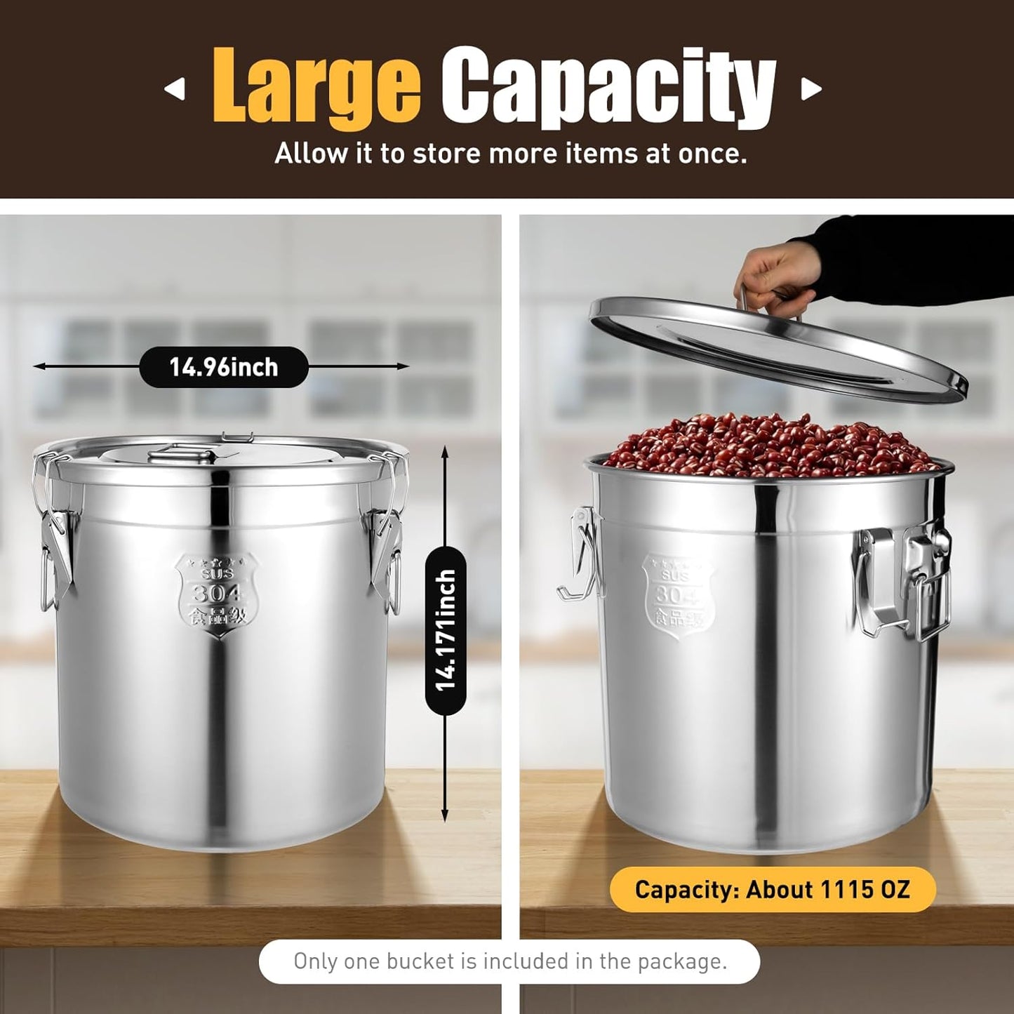 1115 OZ Stainless Steel Canister Rice Cereal Grain Storage Containers with Lid Airtight Coffee Bean Storage Milk Flour Sugar Food Storage for Home Bar Restaurant (33L/1115 OZ)